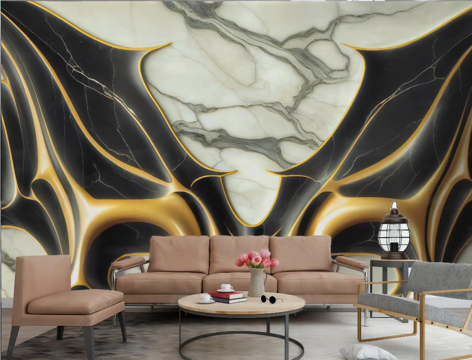 Nowoczesna trójwymiarowa tapeta tłoczona sztuka czarne złoto marmurowy wzór TV sofa tło tapeta ścienna salon restauracja kawiarnia, 3D, 250 x 175 cm