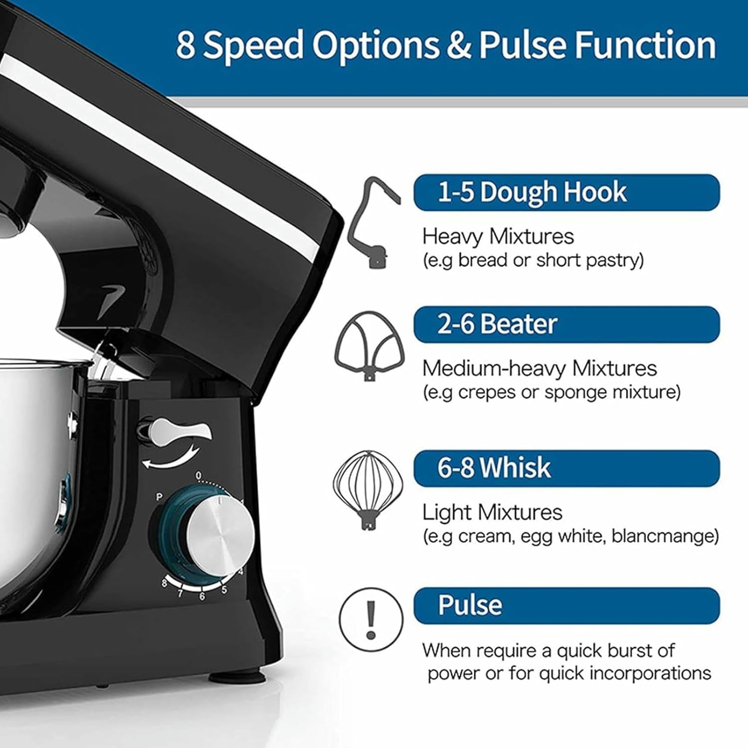 Dough Maker, Electric Food Mixer 1000W Motor, 8-Speed, 504 Stainless Steel Bowl with Dough Hook and Beater for Kitchen and Restaurant