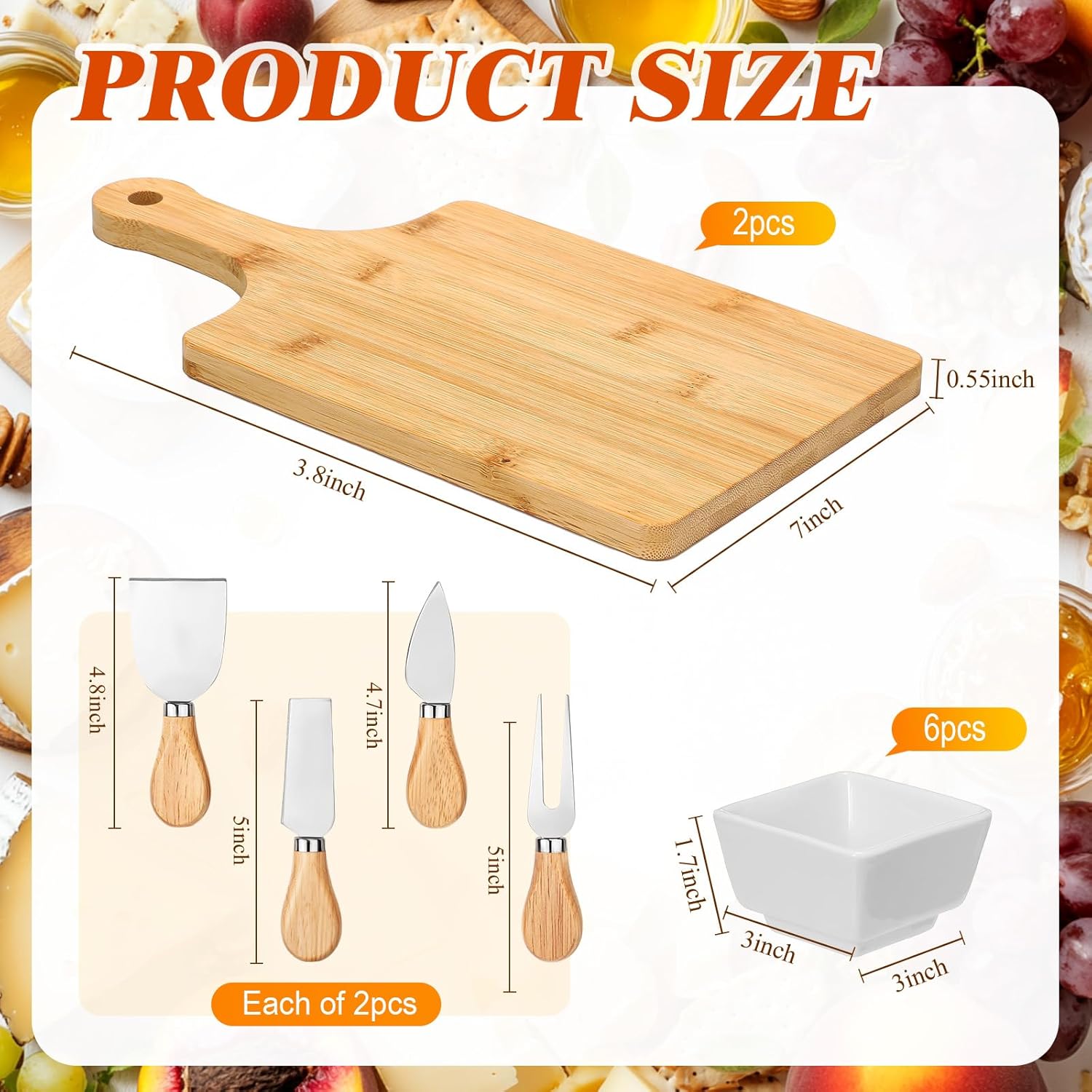 Patelai 16 Pcs Charcuterie Board Bamboo Square, Mini Cheese Cutting Board and White Ceramic Bowl Stainless Cheese Knives Forks Set Gift for mother's Day Anniversary Housewarming Wedding - Image 3
