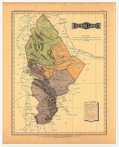 Miniatura 1 de Antiguos Maps Estado Libre y Soberano de Nuevo León de Atlas Mexicano circa 1884 - Póster artístico vintage para pared, 24 x 30 pulgadas (24.016 x