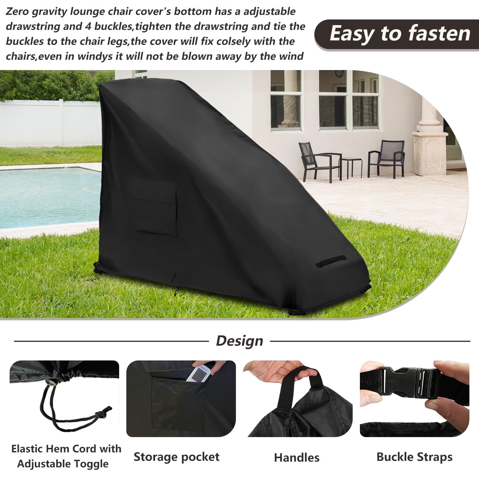 Housse de chaise Zero Gravity pour extérieur 600D imperméable et résistante - Housse de chaise longue pliante zéro gravité - Noir - 99,1 x 66 x 114,3 cm (L x l x H)