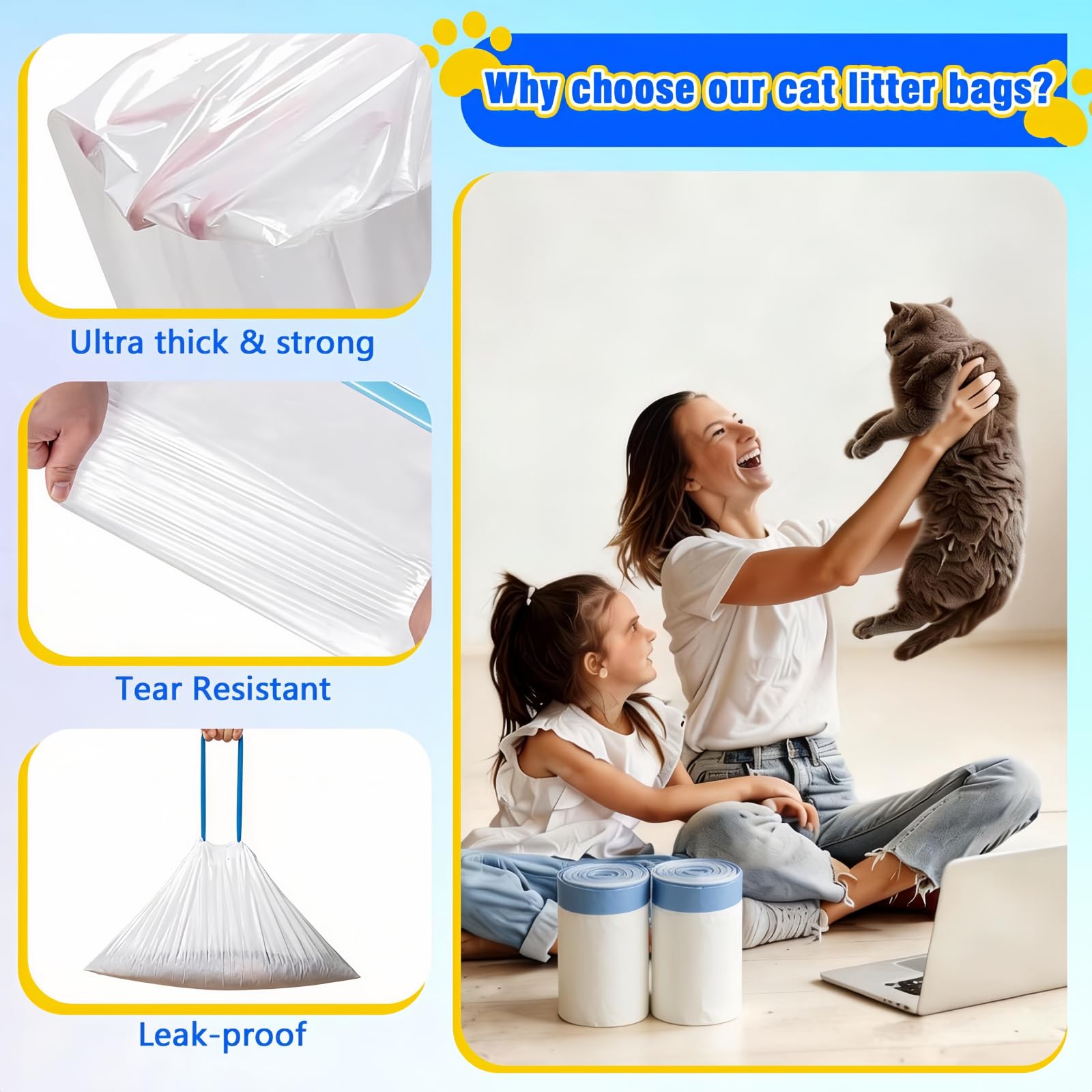 Sacchetti per lettiera per gatti, misura L, 20 pezzi, 65 x 40 cm, sacchetti per lettiera per gatti, extra forti con laccetti, per lettiera per gatti, inserti igienici per lettiera