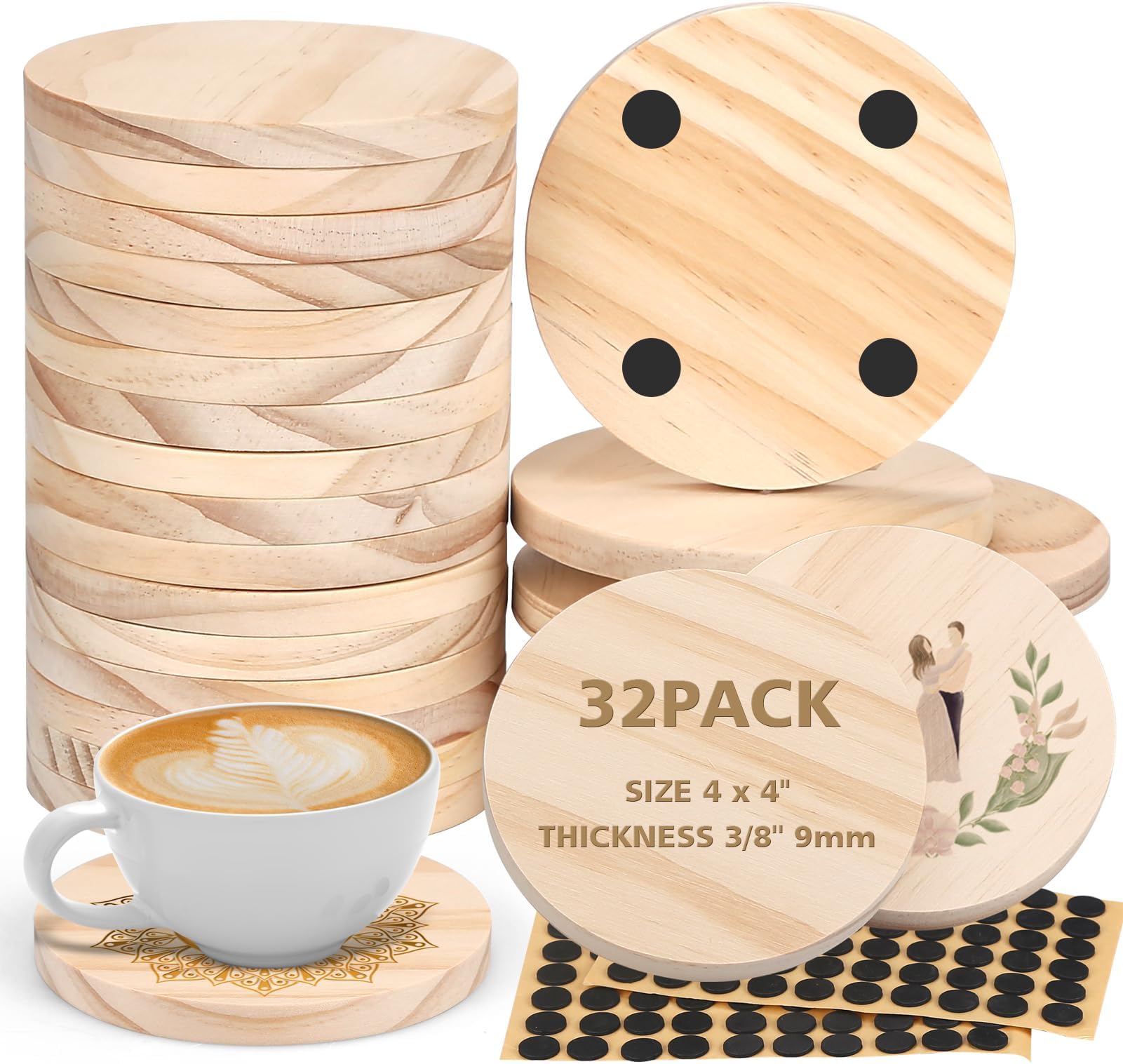 Umigy 16 Pcs Unfinished Wood Coasters with Holder and Non Slip Foam Pad 4 Inch Blank