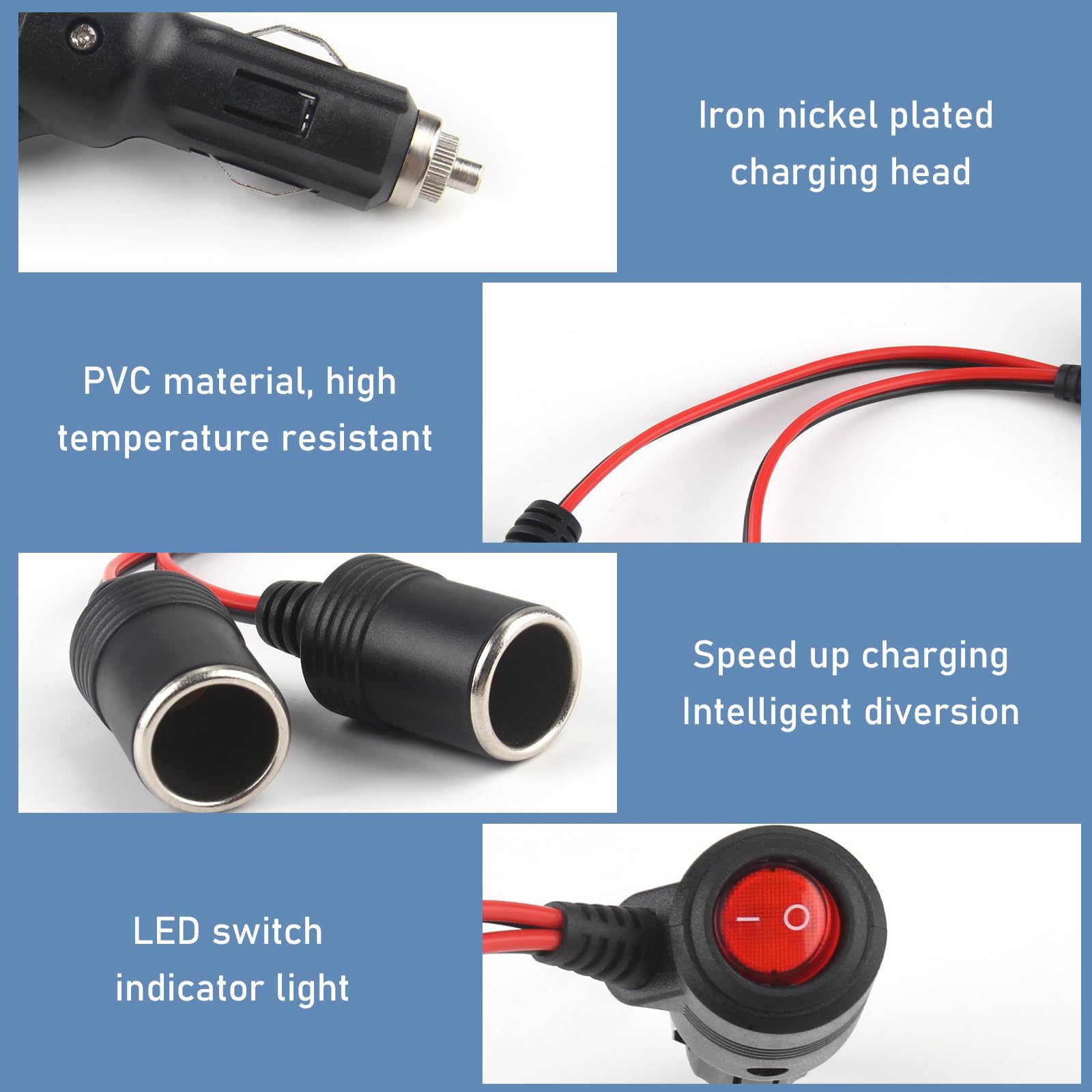 Xmart Adattatore Accendisigari Auto 1 A 2 Spine - Cavo Prolunga 12V Con Fusibili 15A E LED Indicatore Per Auto, Camper, SUV - 2