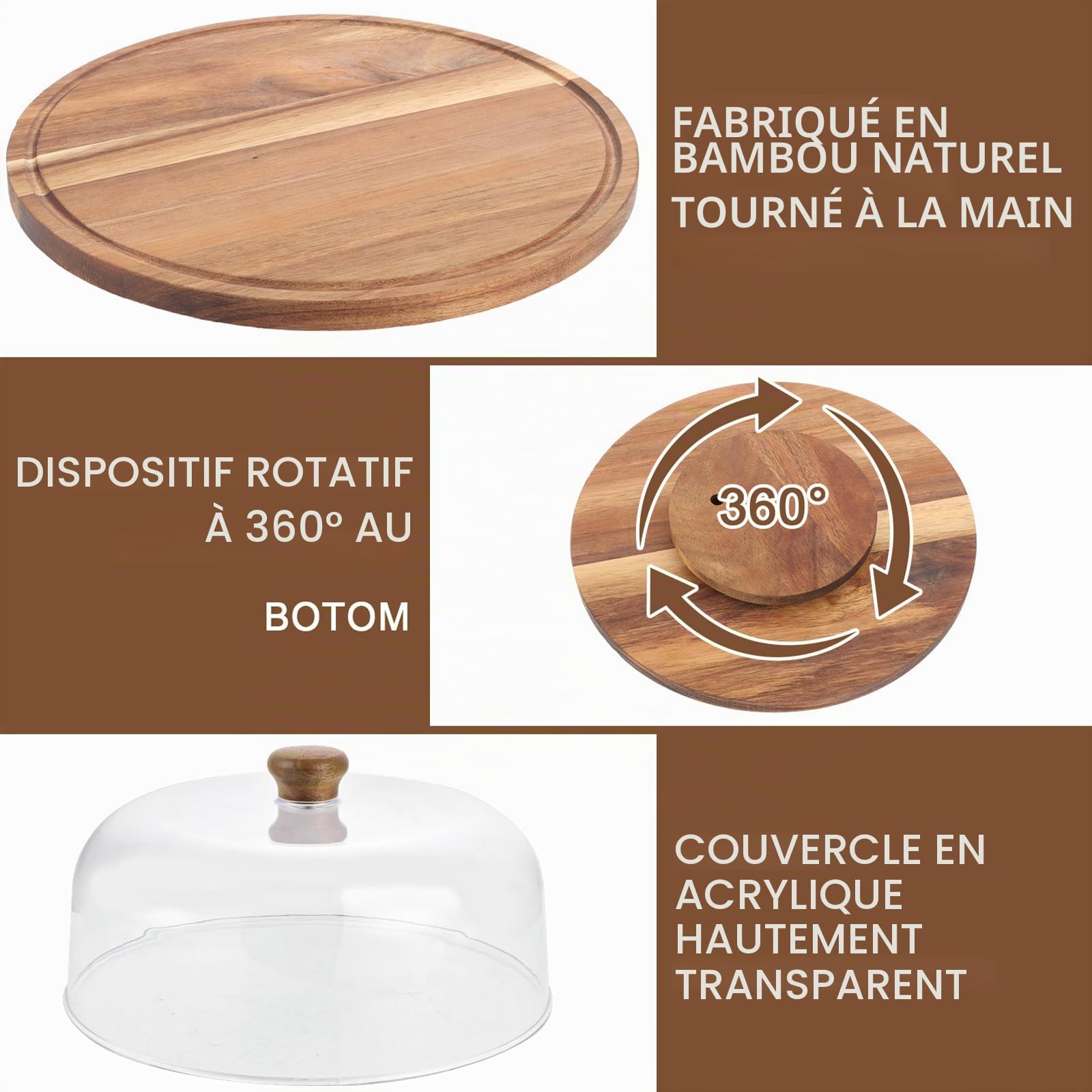 Plateau Tournant Patisserie en Bois D'acacia avec Cloche, Presentoir A Gateau 29,5 x 24 cm, Plateau Gateau Rond avec Couvercle pour Dessert Buffet
