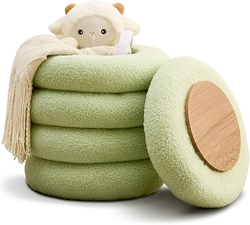Wimarsbon Otomana redonda de almacenamiento, moderno reposapiés de sherpa, taburete de tocador de peluche con bandeja abatible, silla de maquillaje