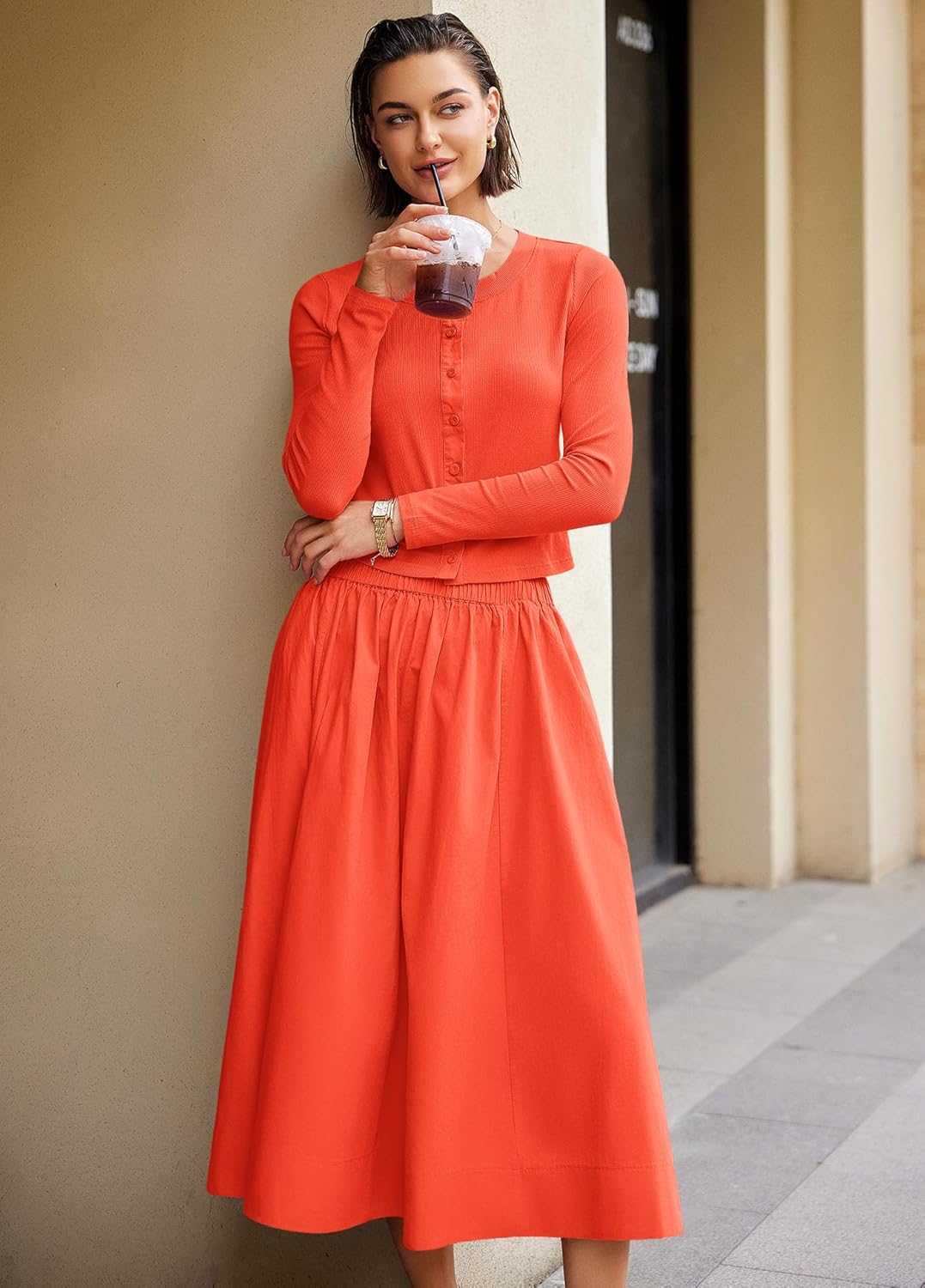 Panadila Womens 2 Piece Lounge Sets Matching Vacation Outfits Ribbed Button Down Cardigan and Elastic Waist Skirt Sets