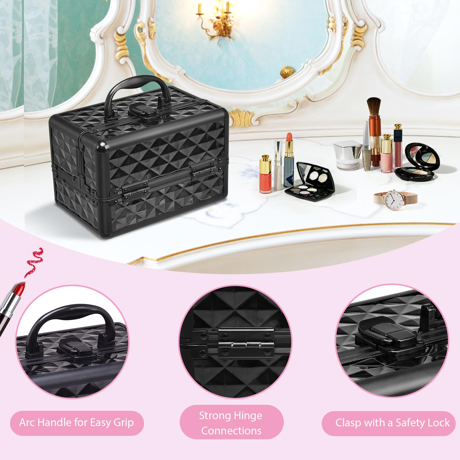 HOMASIS Valigetta Trucchi con Specchio, Borsa Trucco Professionale con 3 Livelli Estendibili, Mini Beauty Case con Maniglia e Serratura, 23 x 15 x 18 cm (Nero)