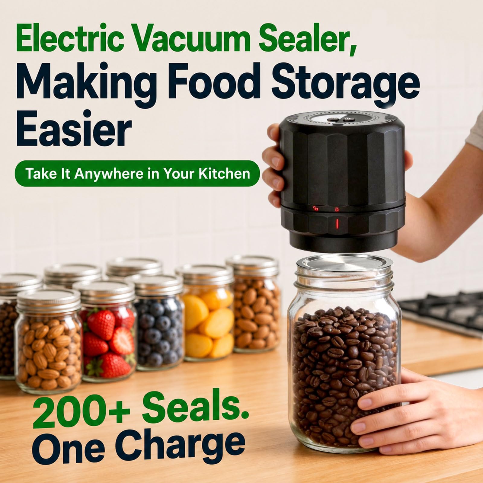 Sellador al vacío M11 Mason Jar – Kit de sellador al vacío eléctrico con tapas Mason de boca ancha y regular, sellador al vacío para tarros de conservas, máquina de sellado al vacío para