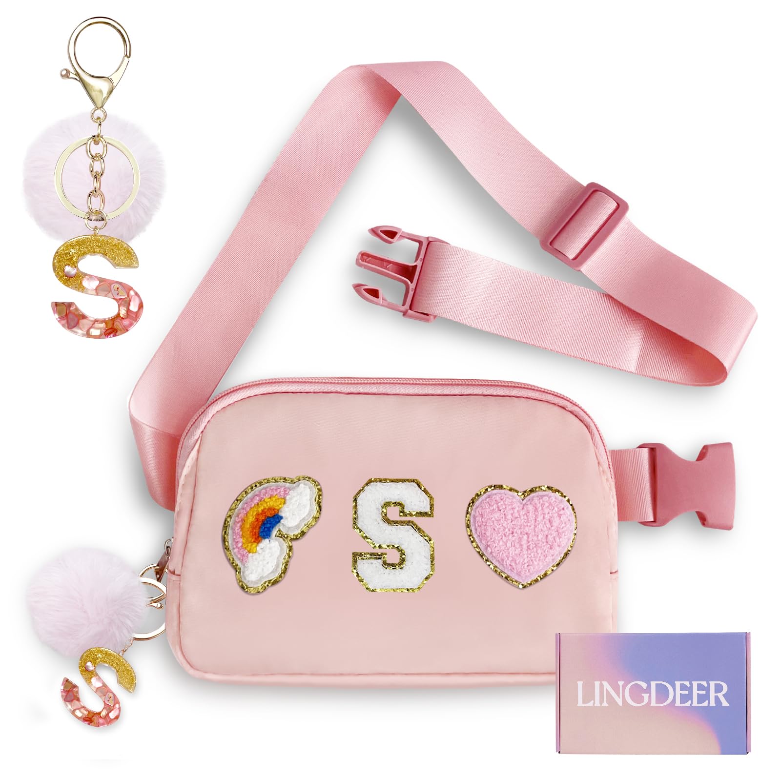 Lingdeer Personalized Belt Bag with Keychain, Fanny Pack for Girls Women, Initial Birthday Gifts for Teen Girls Mom, Crossbody Bag, Small Waist Packs,