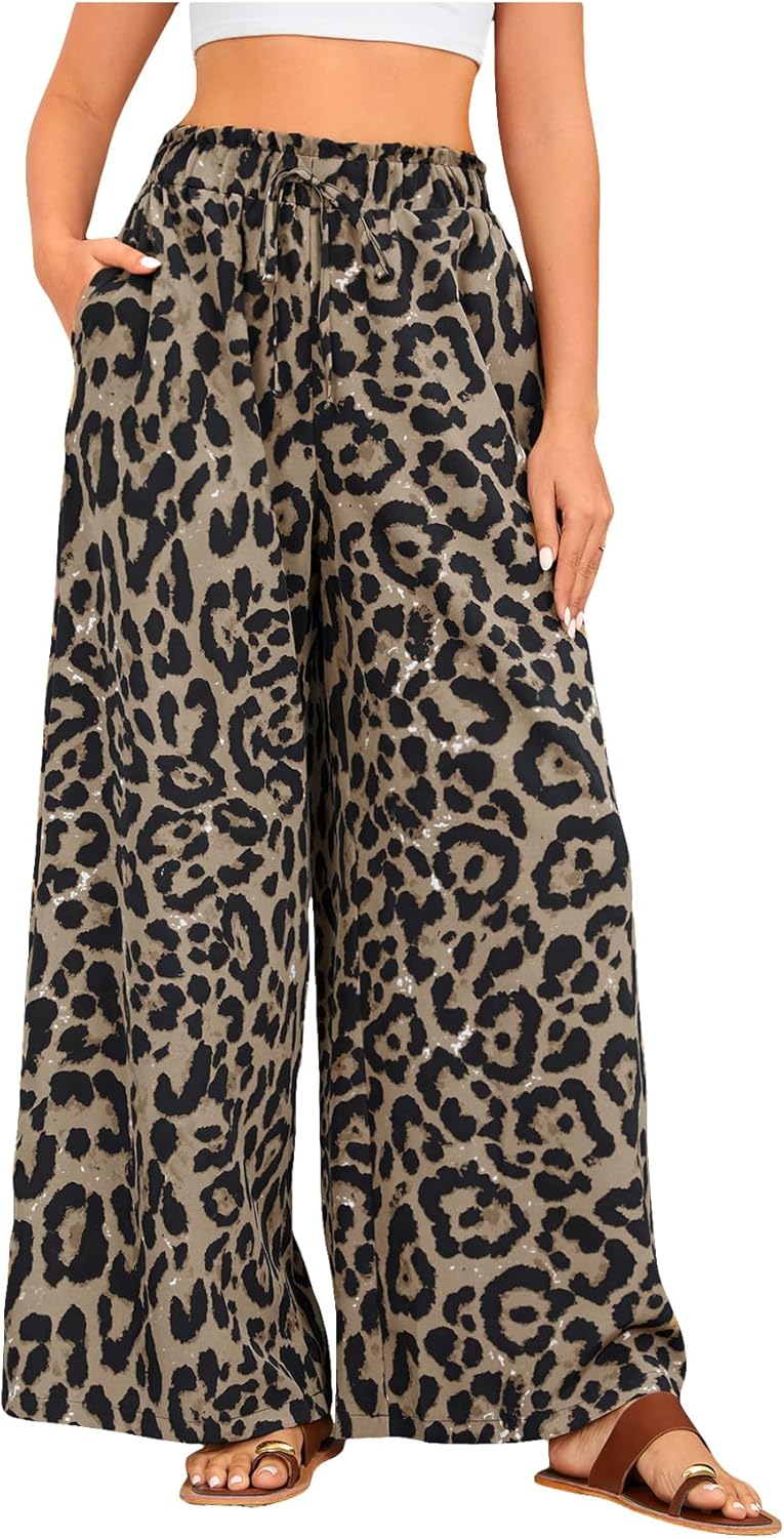 OYOANGLE Women's Leopard Print Elastic High Waist Wide Leg Pants Tie Front Pockets Loose Casual Trousers
