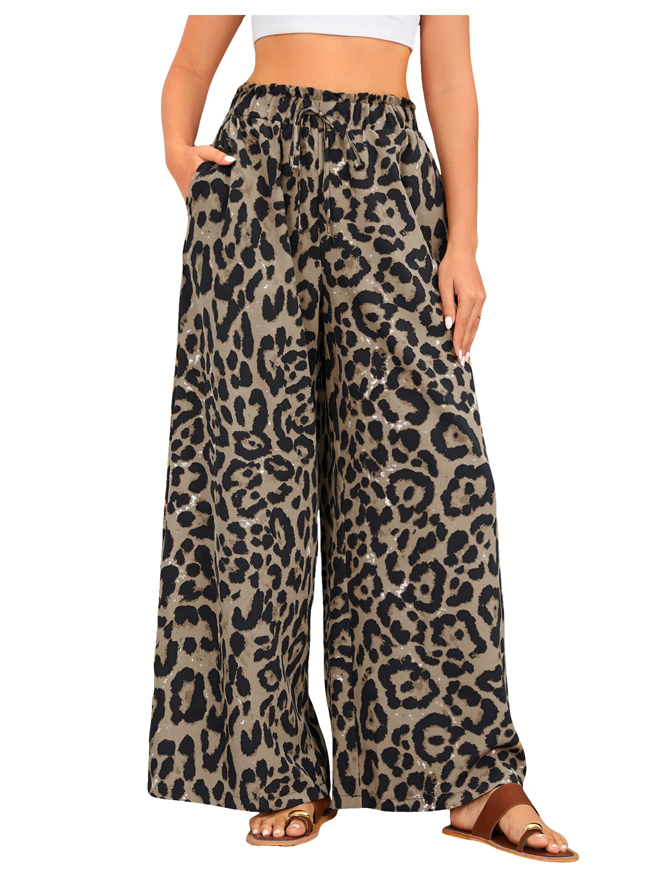 OYOANGLE Womens Leopard Print Elastic High Waist Wide Leg Pants Tie Front Pockets Loose Casual Trousers