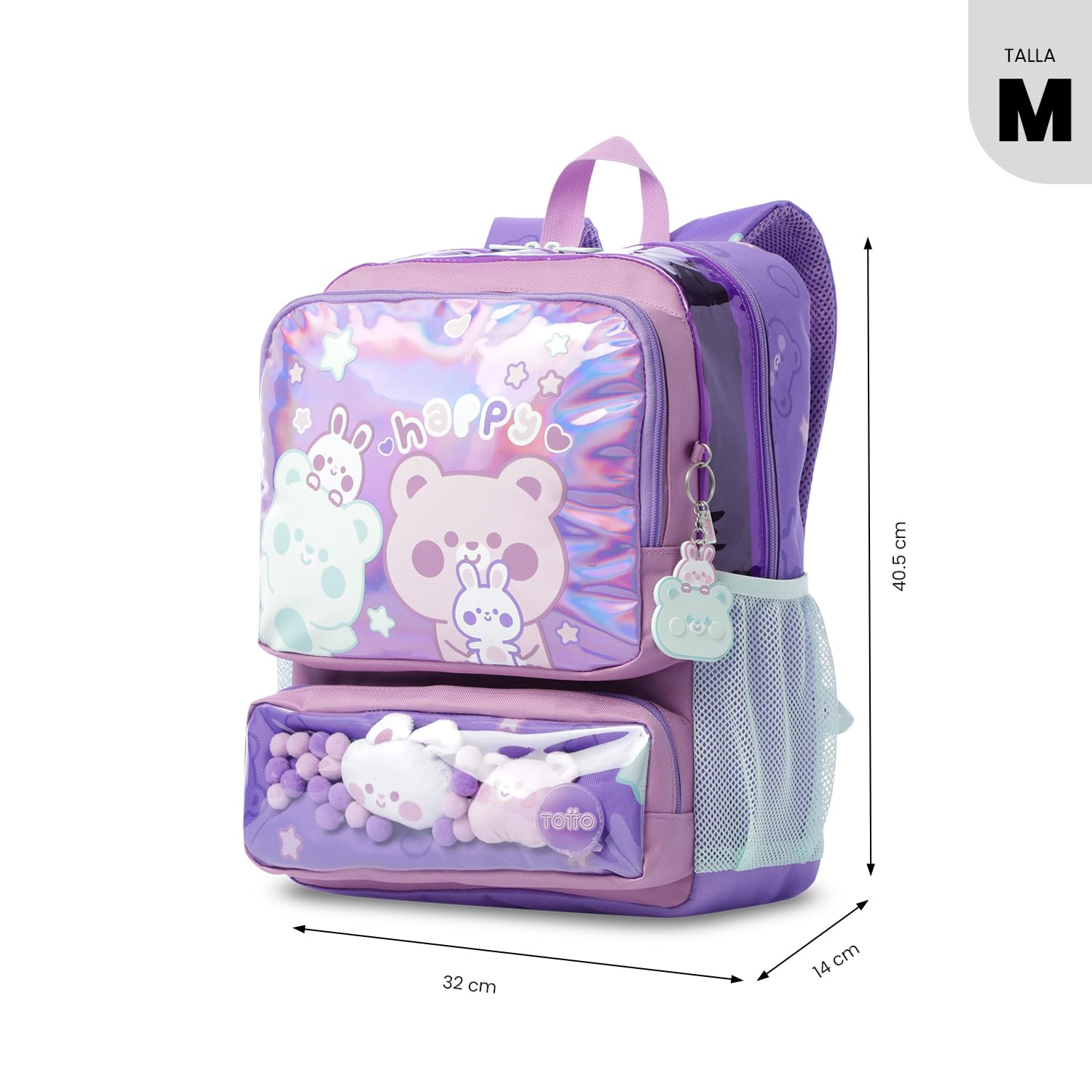 TOTTO - Mochila Escolar, Modelo Friends Party M, Mochila Mediana, Capacidad 18L, 2 Compartimentos Delanteros, Bolsillos Botella, Organizador Interno, Correas Acolchadas, Resistente, Estampado Morado