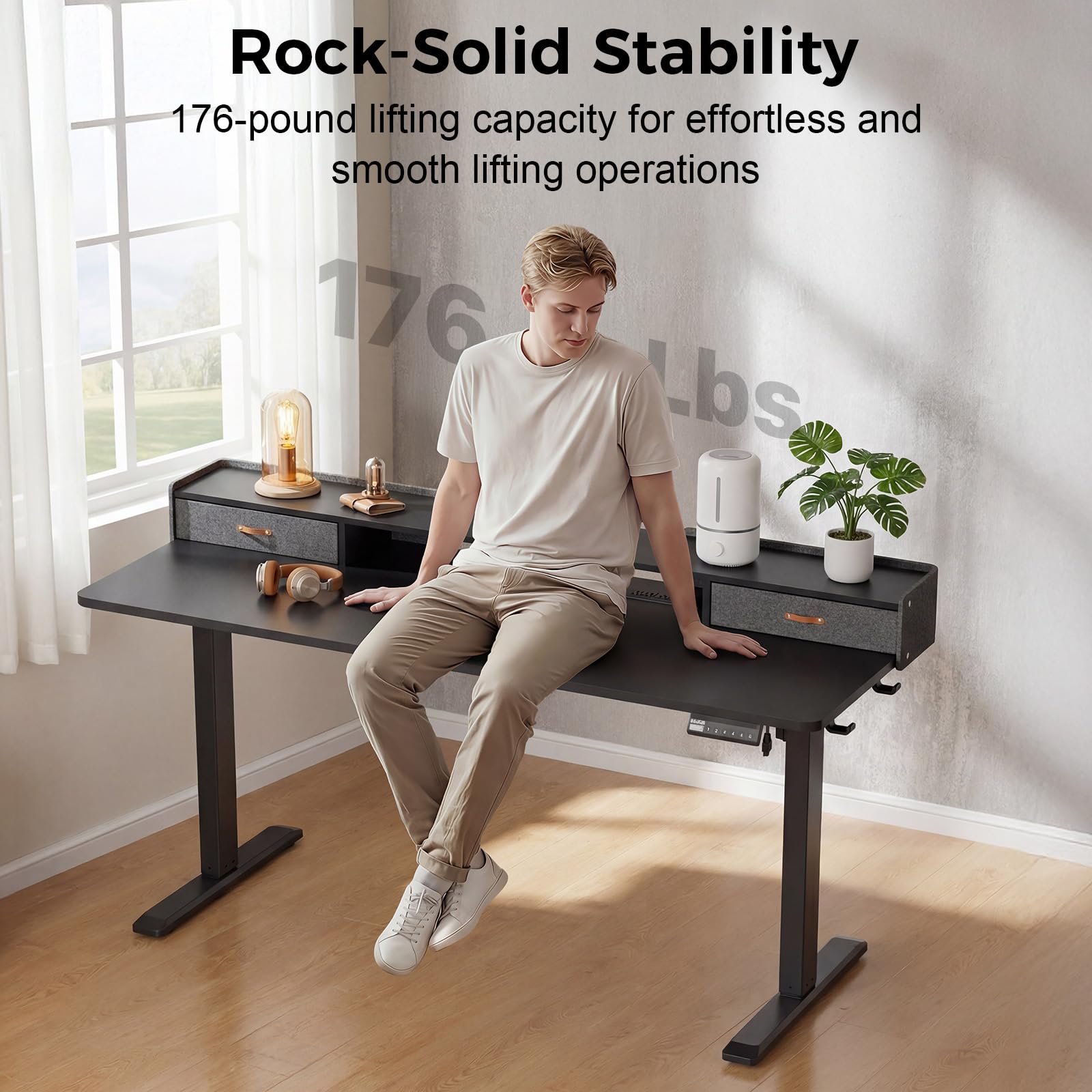 Electric Standing Desk with Drawers 63 Inch Height Adjustable Desk with Power Outlets LED Lights Sit Stand Table — view 7