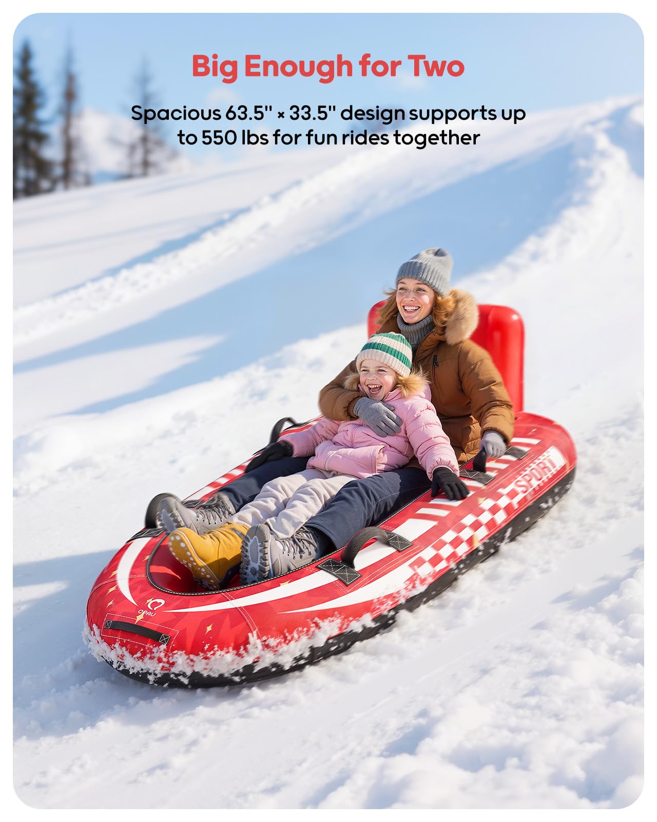 QPAU Trineo de nieve inflable para 2 personas con cubierta de lona, respaldo y asas reforzadas