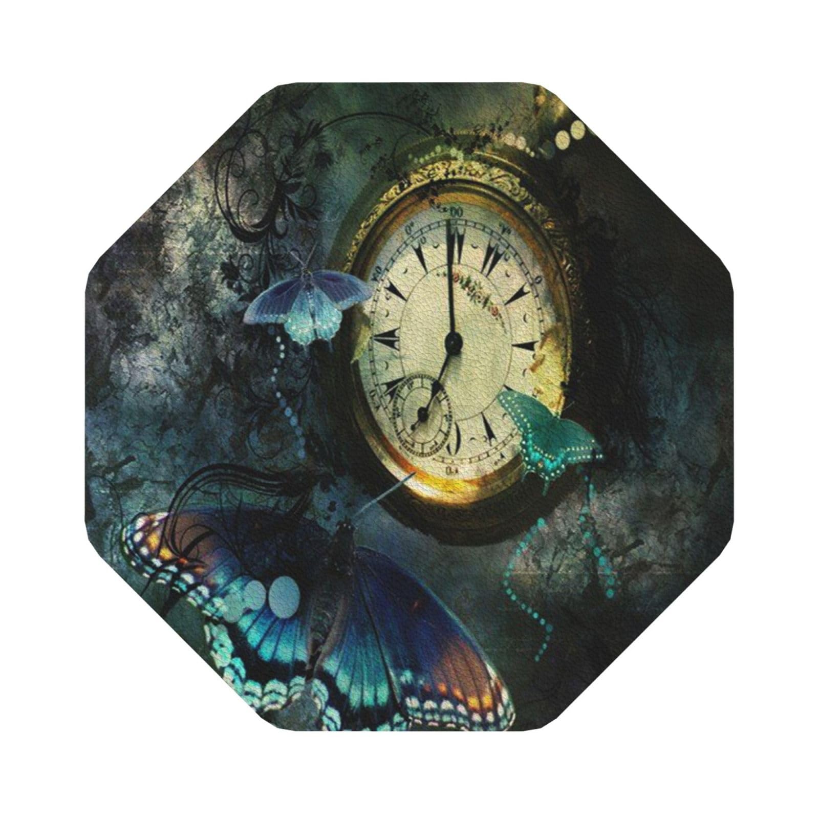 Clock Butterfly PU Leather Coasters Set of 6 Octagon Drink Coasters