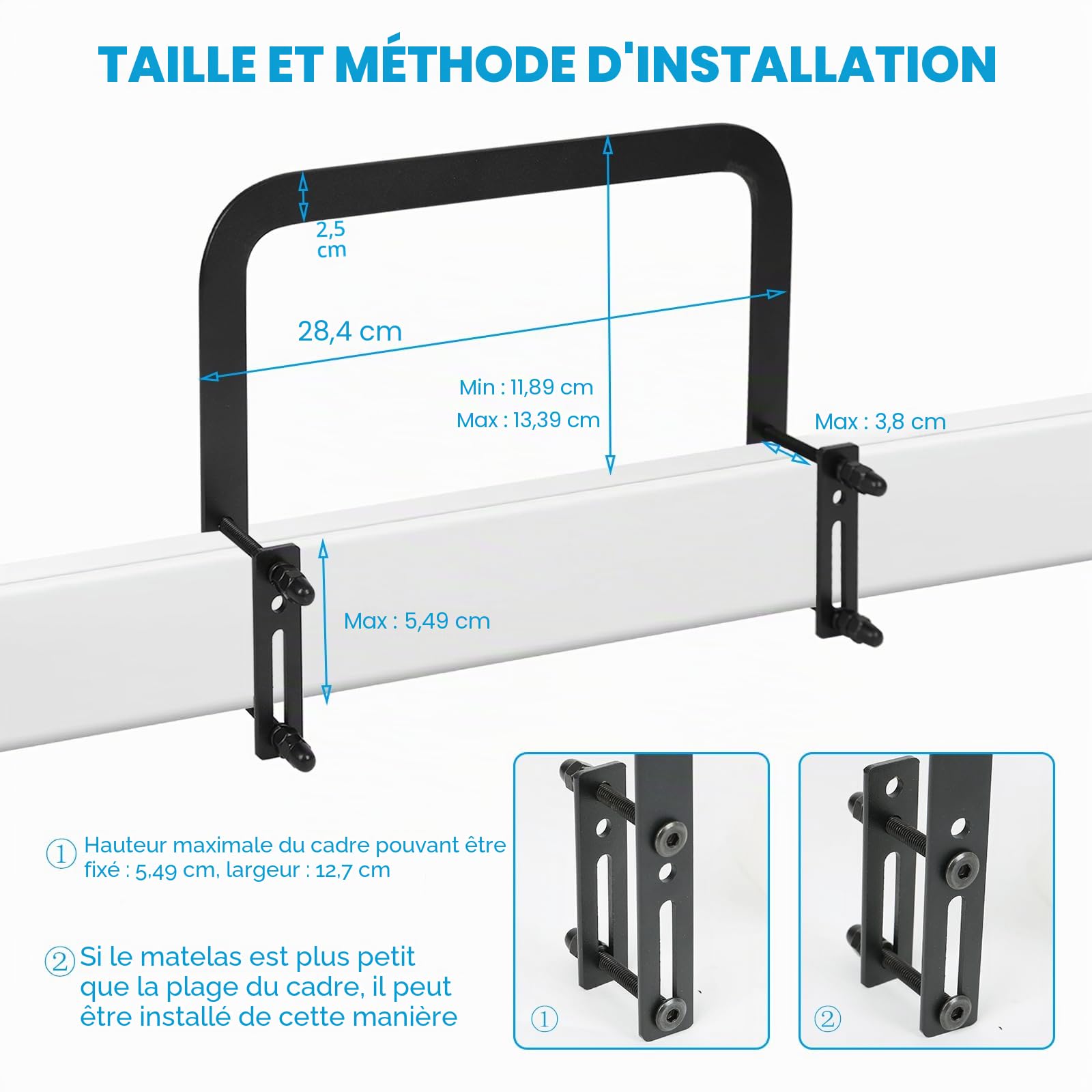 Lot de 2/4 supports de matelas, arrêts de matelas antidérapants, pour empêcher la barre d'appui de matelas, facile à installer pour cadre de lit (2, noir)