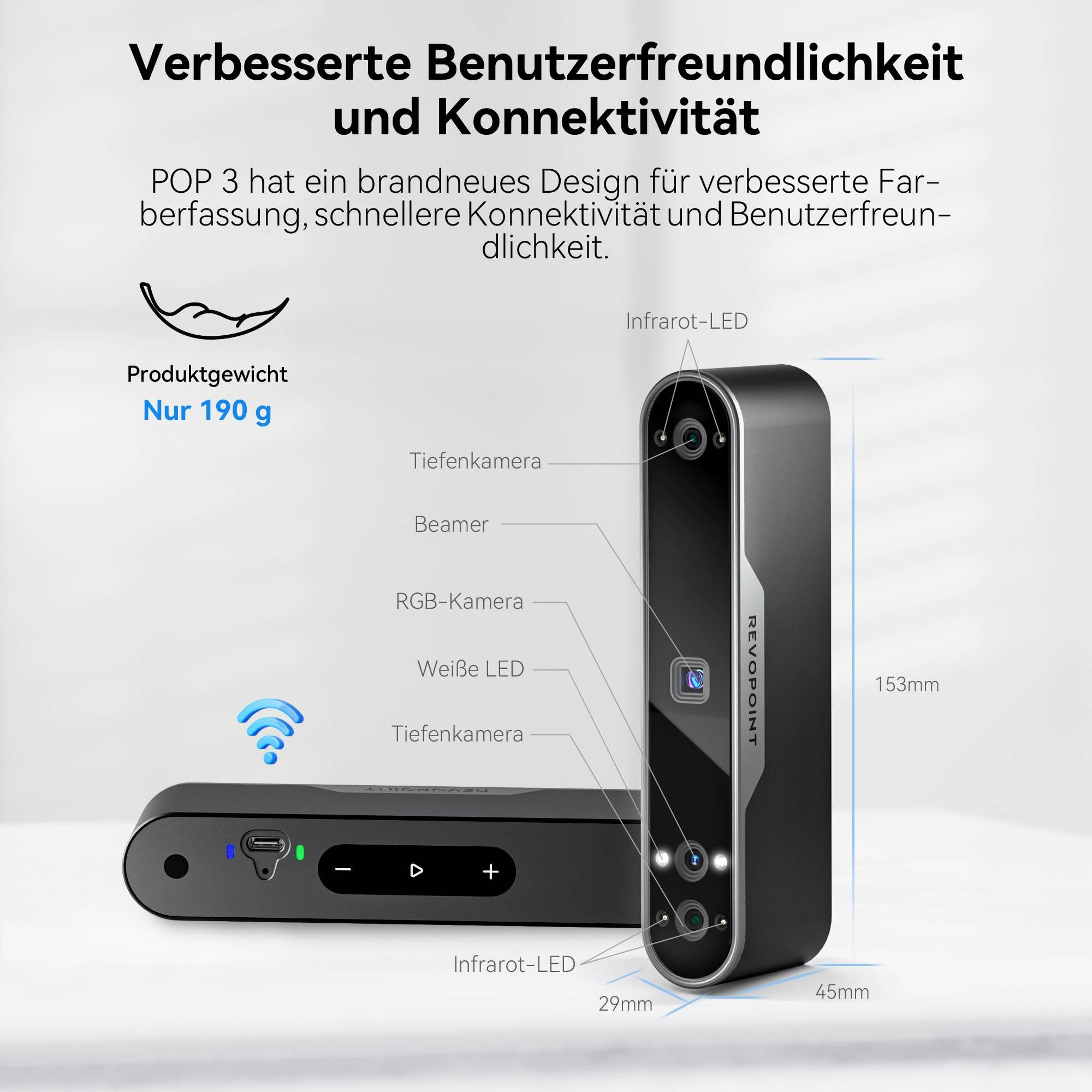 [2023 Upgrade] Revopoint POP 3 Handheld 3D-Scanner für 3D-Drucker mit Farbdaten, 0,05 mm Präzision und einer Scangeschwindigkeit von bis zu 18 FPS, unterstützt Smartphones und Laptops-Advanced