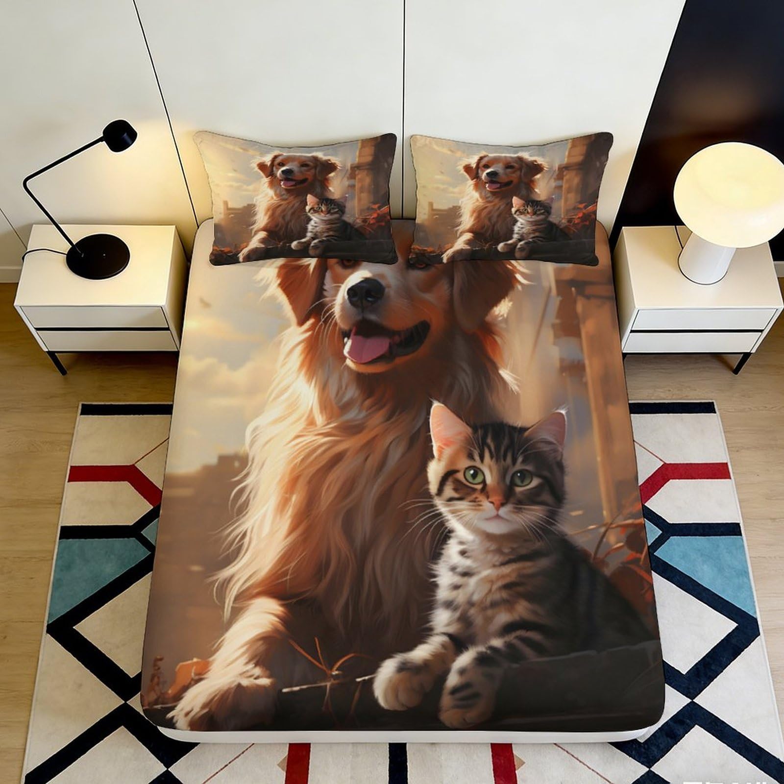 3D Printed Pet Dog Cat Fitted Sheet Microfiber Deep Pocket Non-Slip Elastic Pet Theme Mattress Fitted Cover Bedroom 200x200x25cm 90x200x25cm