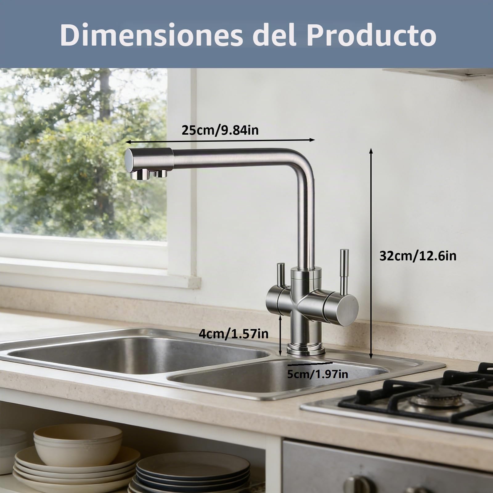 Grifo de cocina de 3 vías con doble mango, grifo mezclador para fregadero de cocina, grifo de filtro de agua fría y caliente, mezclador de triple flujo para cocinas, manguera G3/8 pulgadas, giro de