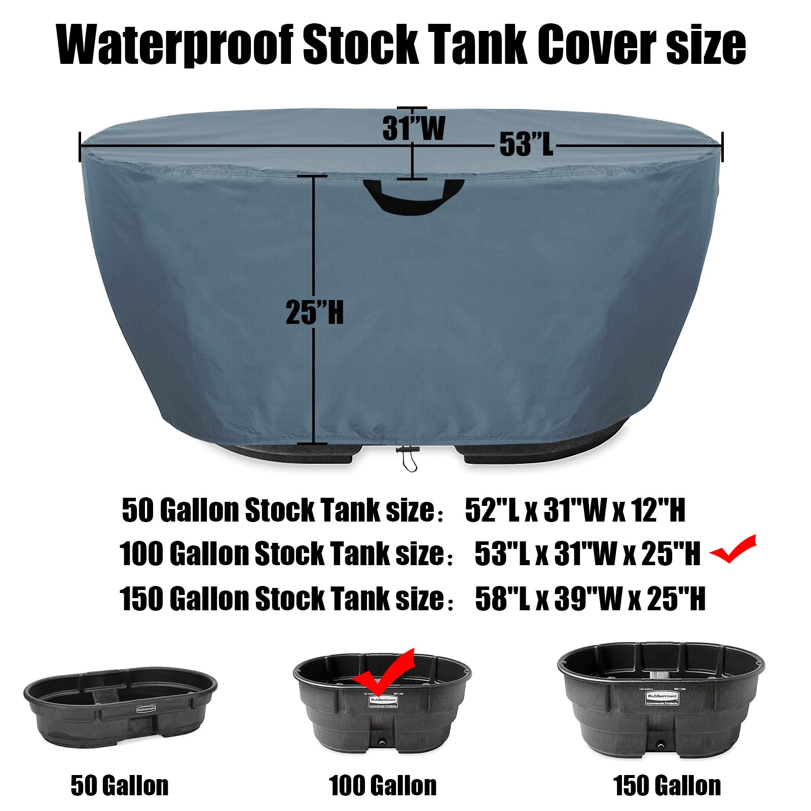 WORUO Waterproof Stock Tank Cover?Keep Your Stock Tank and Pool Clean, Keep Leaves and Debris out, Tear-Resistant and UV Resistant for Dustproof Weather Resistant (for 100 Gallon Oval Tank)