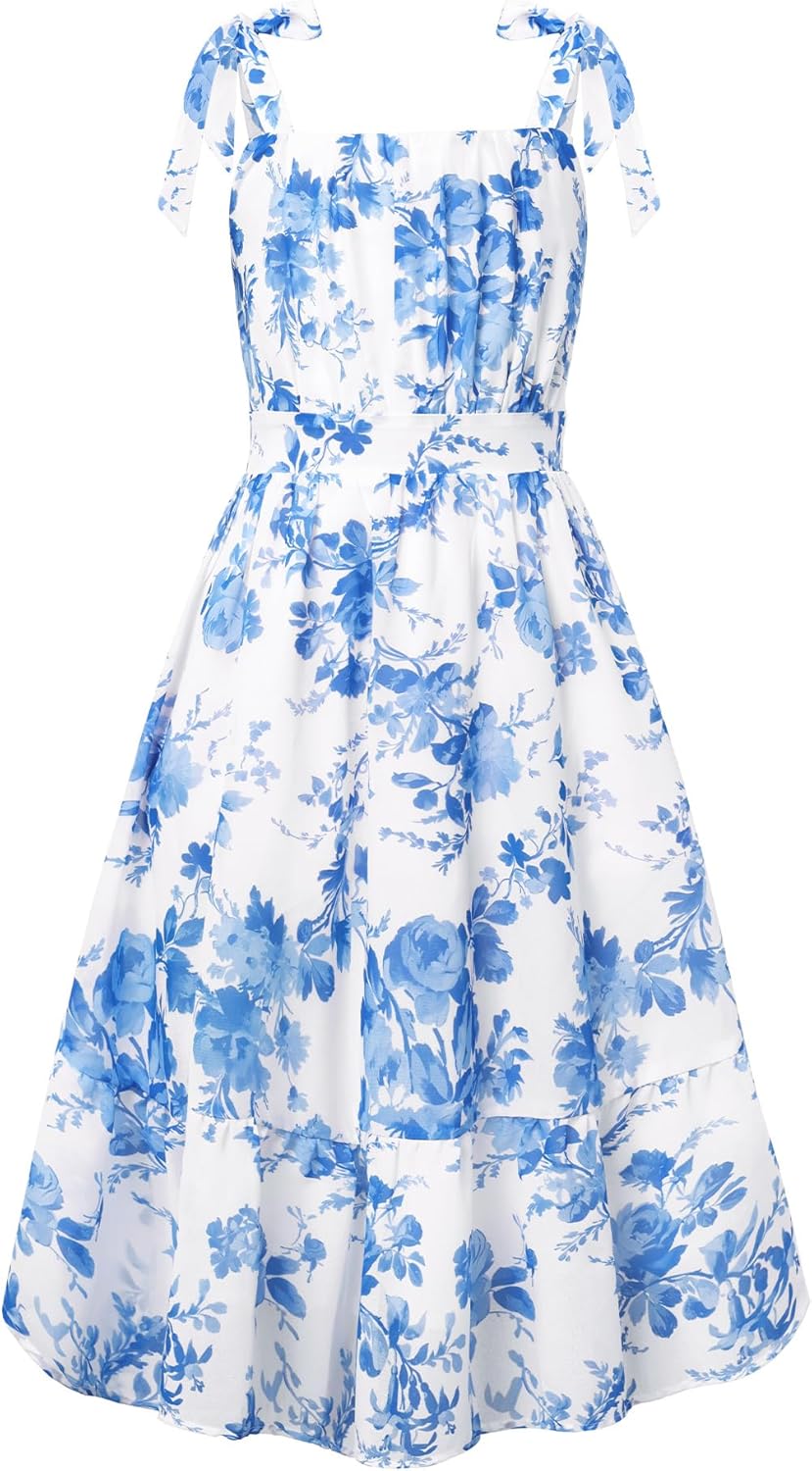 GRACE KARIN Girls Floral Chiffon Dress Summer Hawaiian Beach Vacation Party Wedding Birthday Sleeveless A-Line 7-14Y