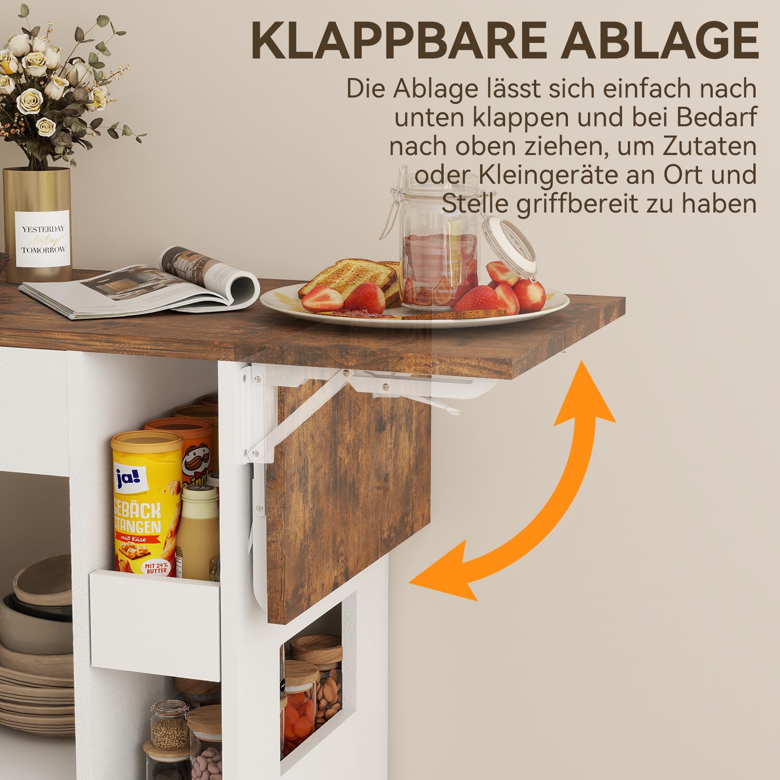 ARTETHYS Kücheninsel mit Klappbarer Arbeitsplatte, Rollwagen mit Schubladen und Türen, Servierwagen, Buffetschrank für Küche, Esszimmer & Outdoor, Weiß