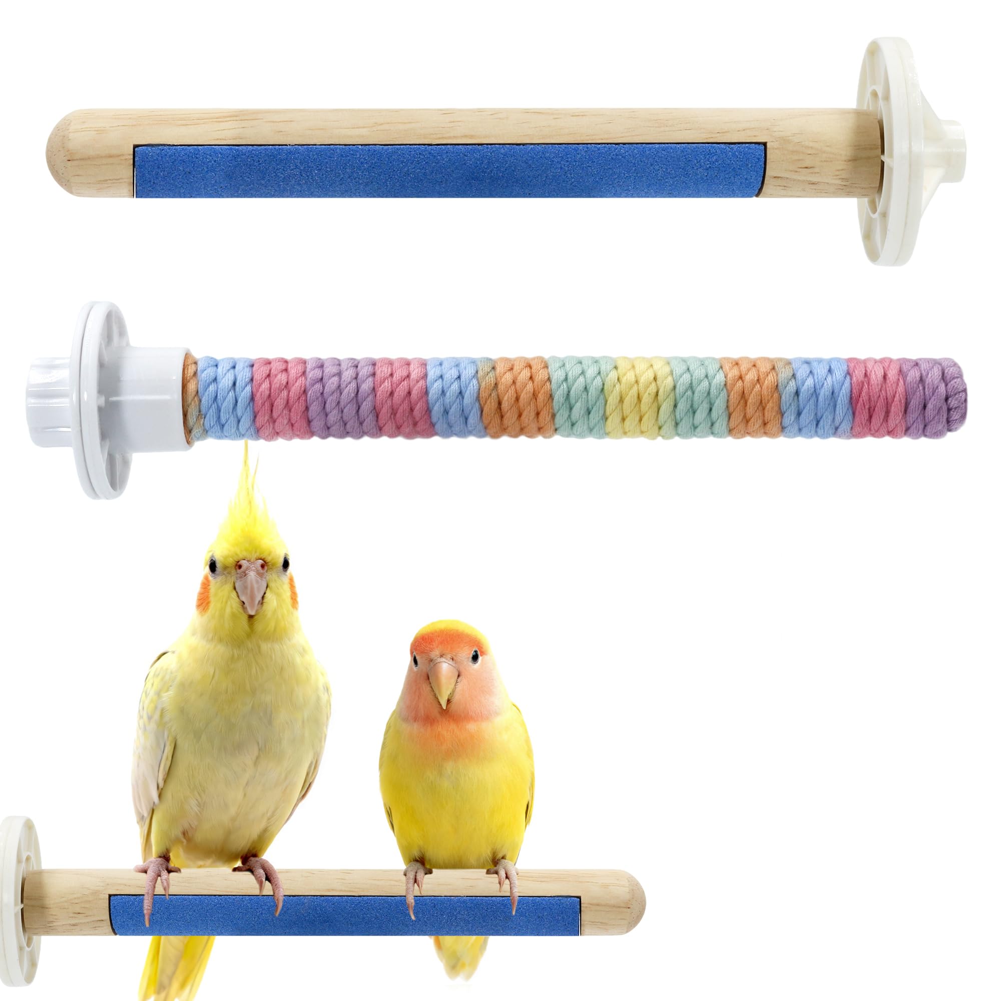 2Pcs Bird Perch for Cage, Upgraded Wooden Parrot Perch with Embedded Quartz for Gentle Claw & Nail Trimming, Cotton Rope Parakeet Perch for Soft Grip, Daily Care and Comfort Set for Cockatiel Lovebird