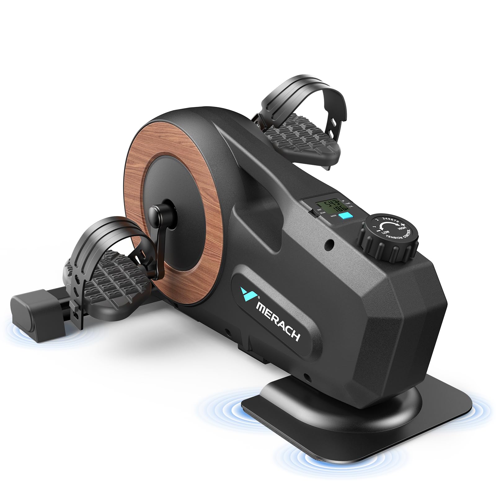 MERACH trenażer pedałów, mini trenażer domowy z miernikiem LCD, 8-stopniowy opór magnetyczny, regulowany opór magnetyczny, drewniany rysunek słojów, sprzęt fitness do domu, trenażer nóg w pozycji