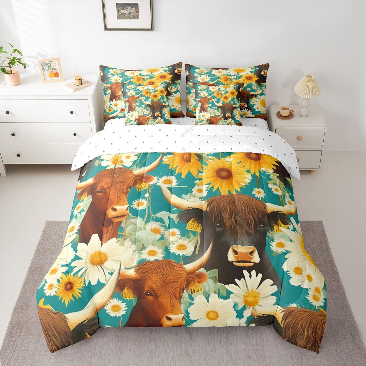 jejeloiu Highland Cow Full Comforter Set with Sheets for Kids Boys Girls Highland Cattle 7 Pieces Bedding Set Sunflower Bed in a Bag Room Decor Soft Lightweight Microfiber