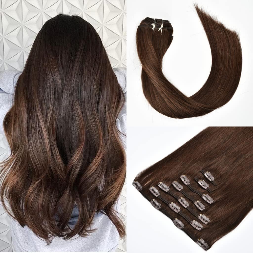 Hair Extensions Clip in 7PCS Dark Brown 18Inch Hair Extension Long Straight Full Head Clip in Hair Extension Virgin Human Hair Pieces for Women