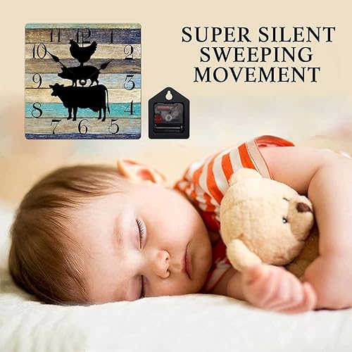 Miniatura 3 de Reloj de pared de madera con diseño de animales de granja, vaca, cerdo y pollo, reloj de pared cuadrado silencioso, estilo rústico, decorativo,