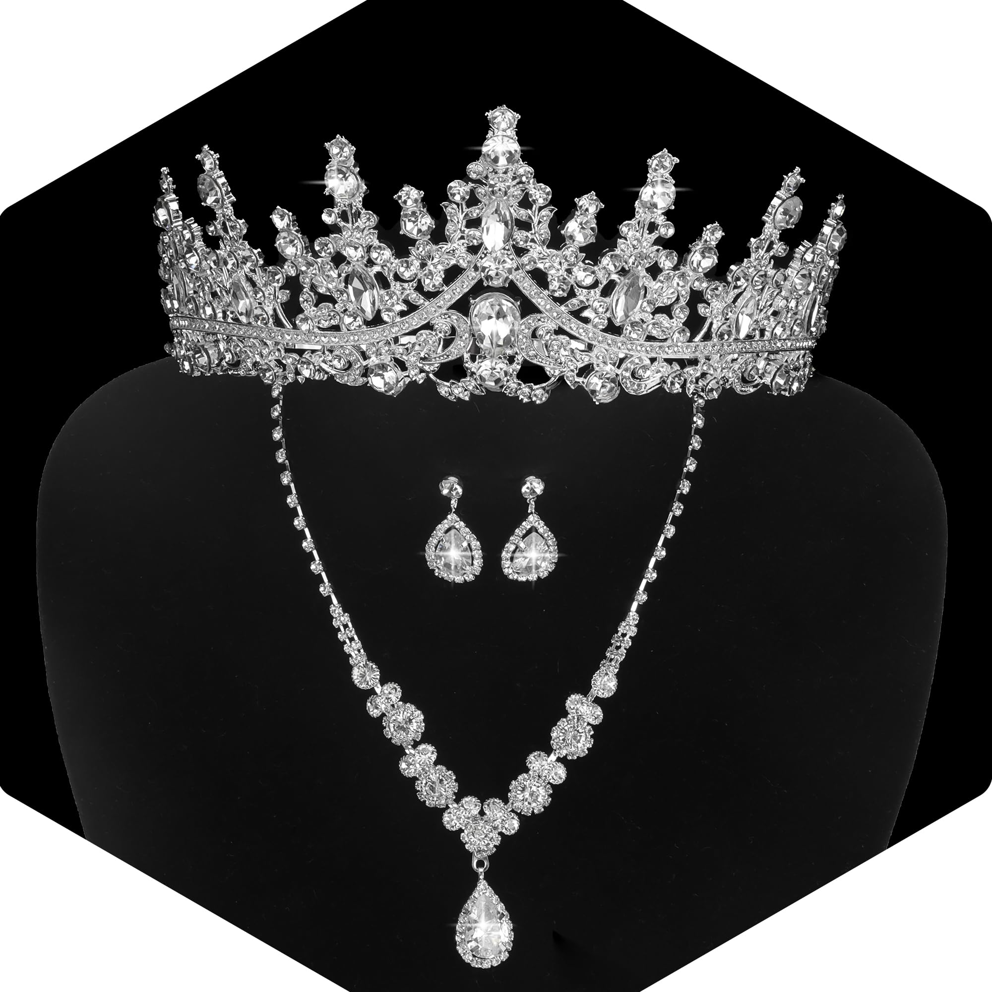 Exacoo Elegant Bridal Jewelry Set Rhinestone Crown for Bride Bridesmaids Necklace Earrings Sets For Women Wedding Accessor...