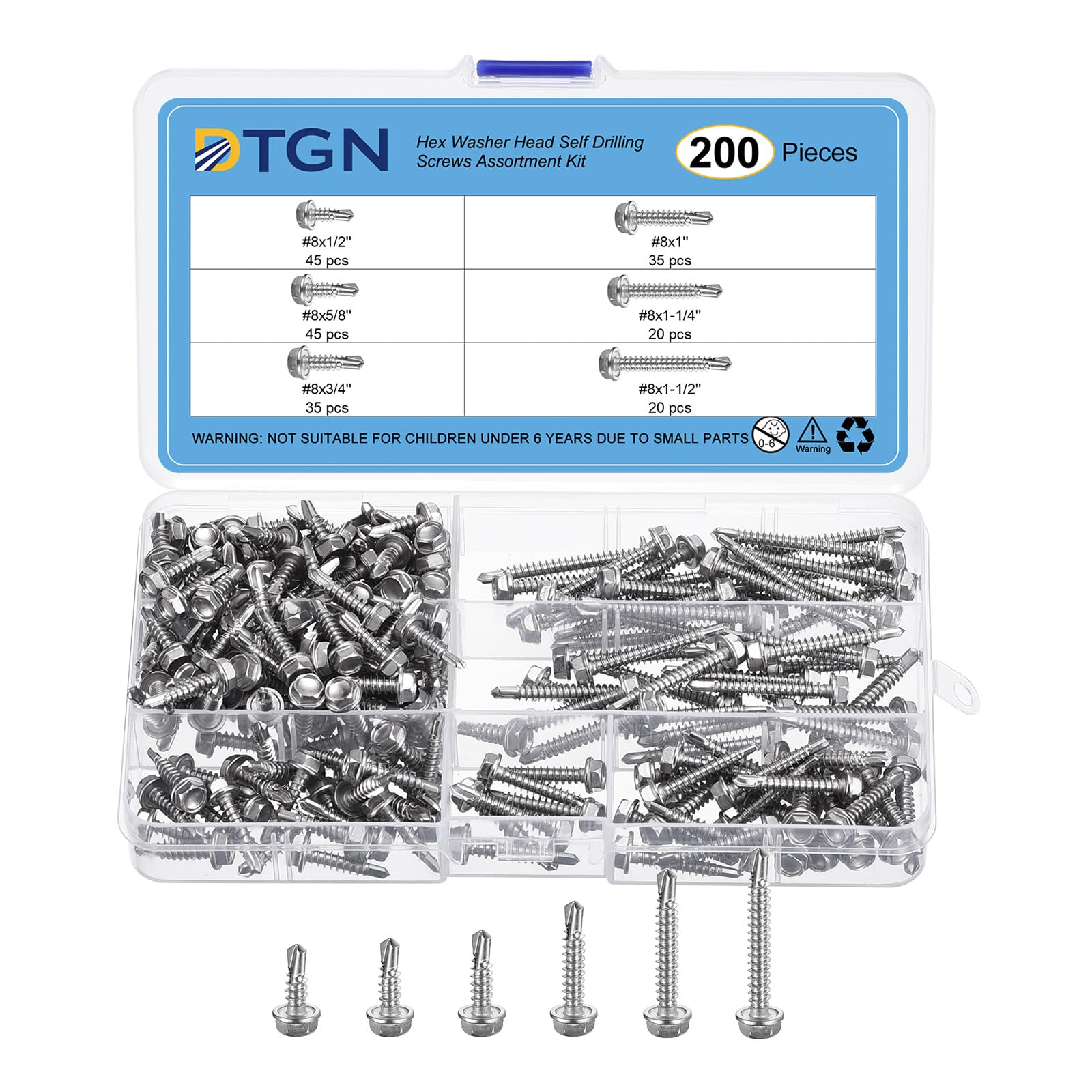 DTGN 200Pcs #8 Hex Washer Head Self Drilling Screws Kit, 410 Stainless Steel Self Tapping Sheet Metal Screw Assortment Kit
