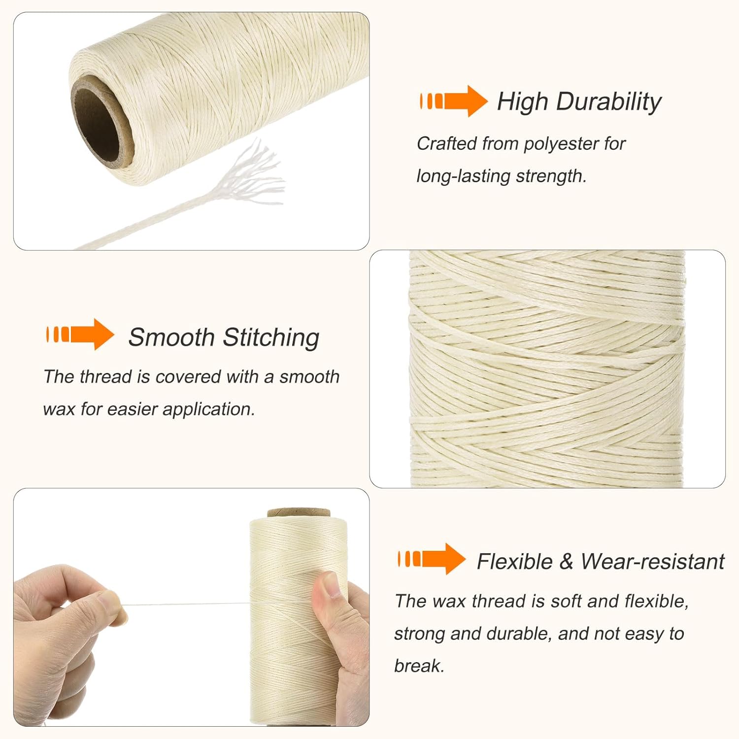 MECCANIXITY Waxed Thread,197 Yard 1mm 210D Flat Wax Thread Polyester Waxed String for Leather Sewing Hand Weaving Book Binding Home Decoration,Cream White - Image 3