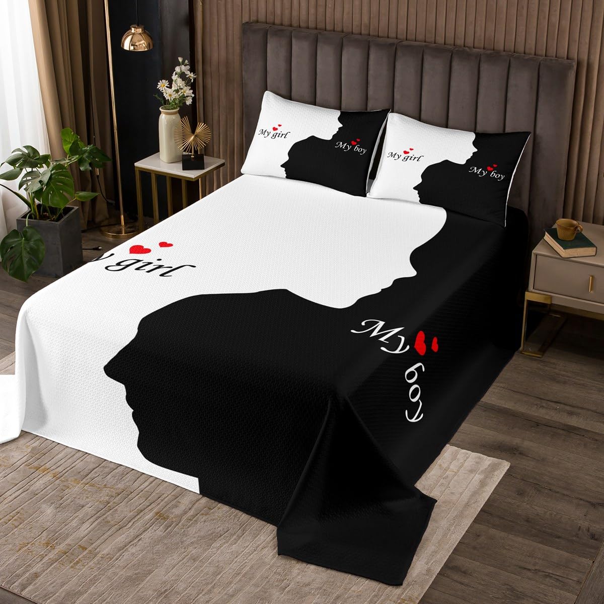 Homemissing Copriletto trapuntato bianco e nero per letto king size, coppia di cuori, copriletto trapuntato per ragazze e donne amanti romantico set copriletto trapuntato per San Valentino decorazione