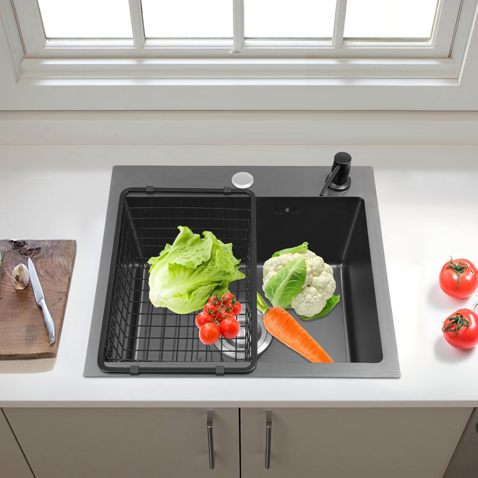 Fregadero empotrable de acero inoxidable, 40 x 45 cm, color negro | Fregadero de cocina de gran capacidad con escurridor y dispensador de jabón para el hogar, restaurante, lavandería