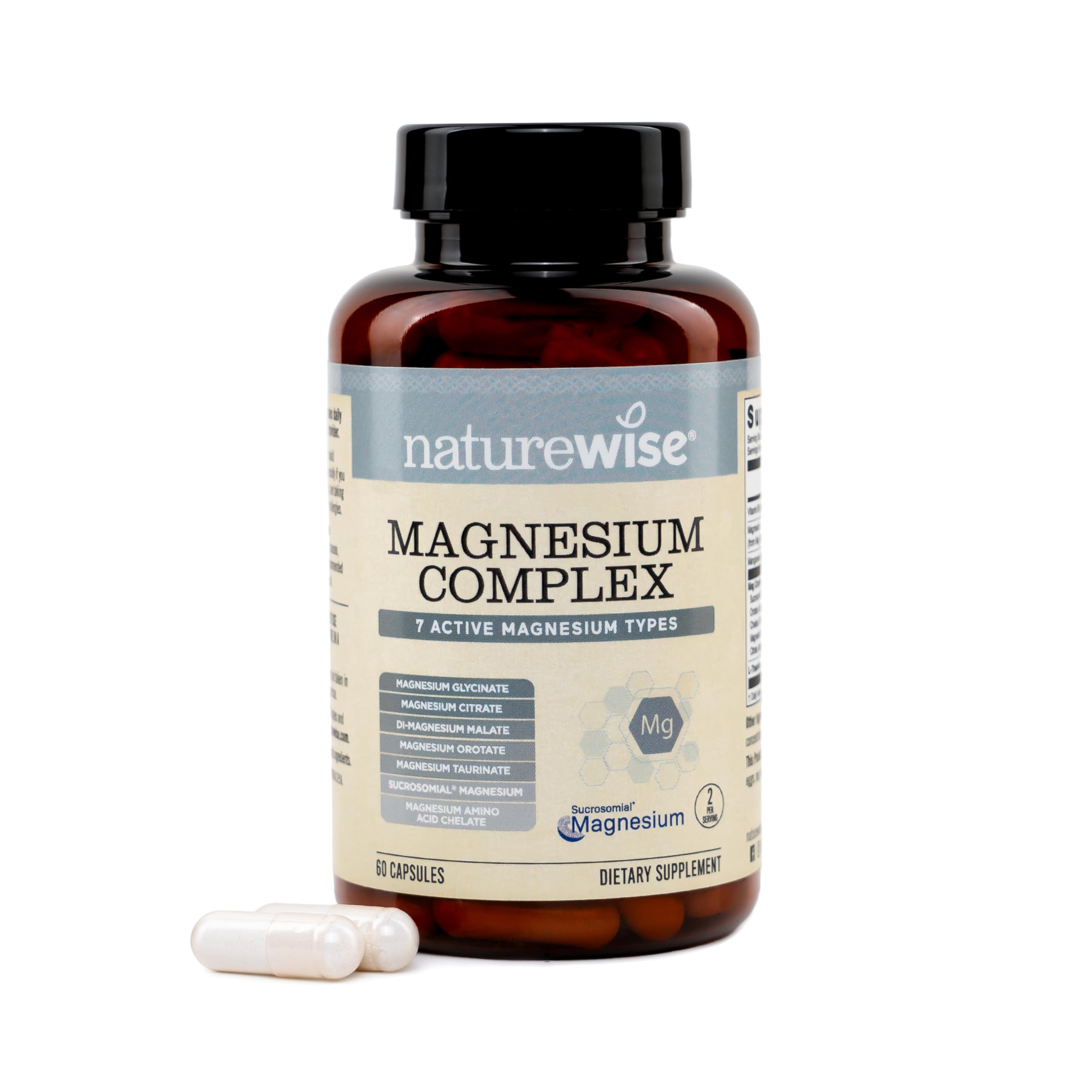 NatureWise Magnesium Complex 500mg - 7 Type with Magnesium Glycinate, Citrate, Malate, Sucrosomial & More - Added L-Theanine - Sleep, Heart Function, & Muscle Support - 60 Capsules[30-Day Supply]
