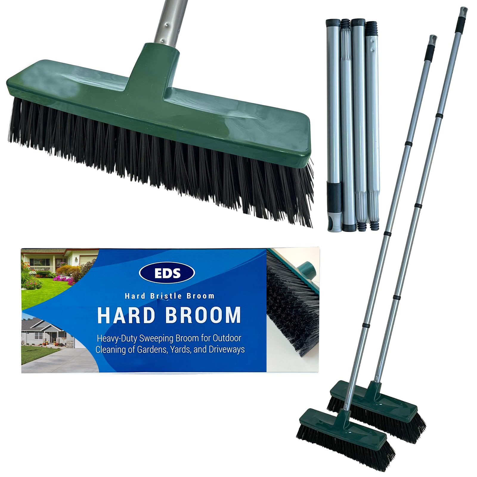 Eds Grey 12'' Yard Broom Outdoor Heavy Duty Garden Brush With 120Cm Long Stainless Steel Handle Hard Bristle Yard Brush For Cleaning Gardens Yards Decking Pathways Driveways (Pack Of 2)