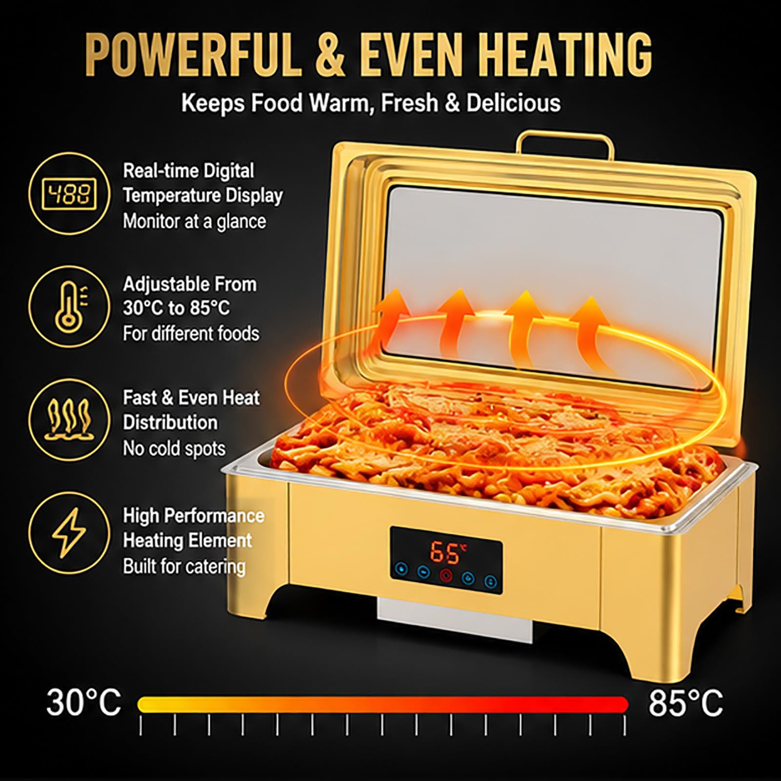 Platos eléctricos de 9 cuartos de galón, servidor de buffet con control inteligente de temperatura, tapa enrollable de acero inoxidable para fiestas, eventos y catering