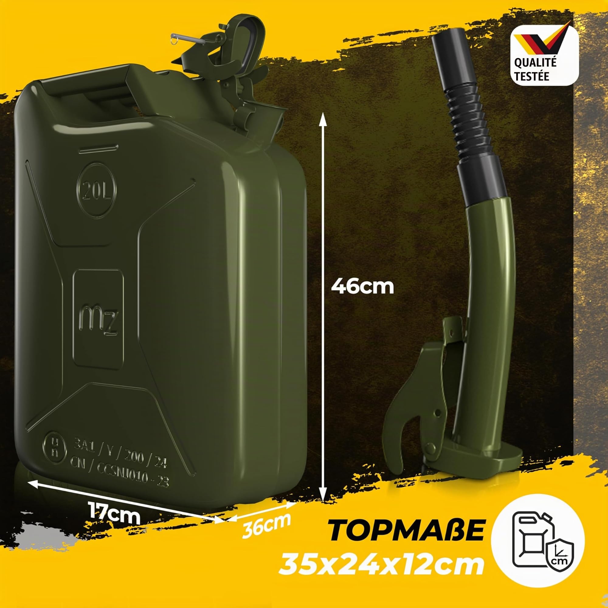 MONZANA® 3x Jerrican essence 20L métal bec verseur homologation ONU transport liquide diesel essence voiture huile moto bidon récipient
