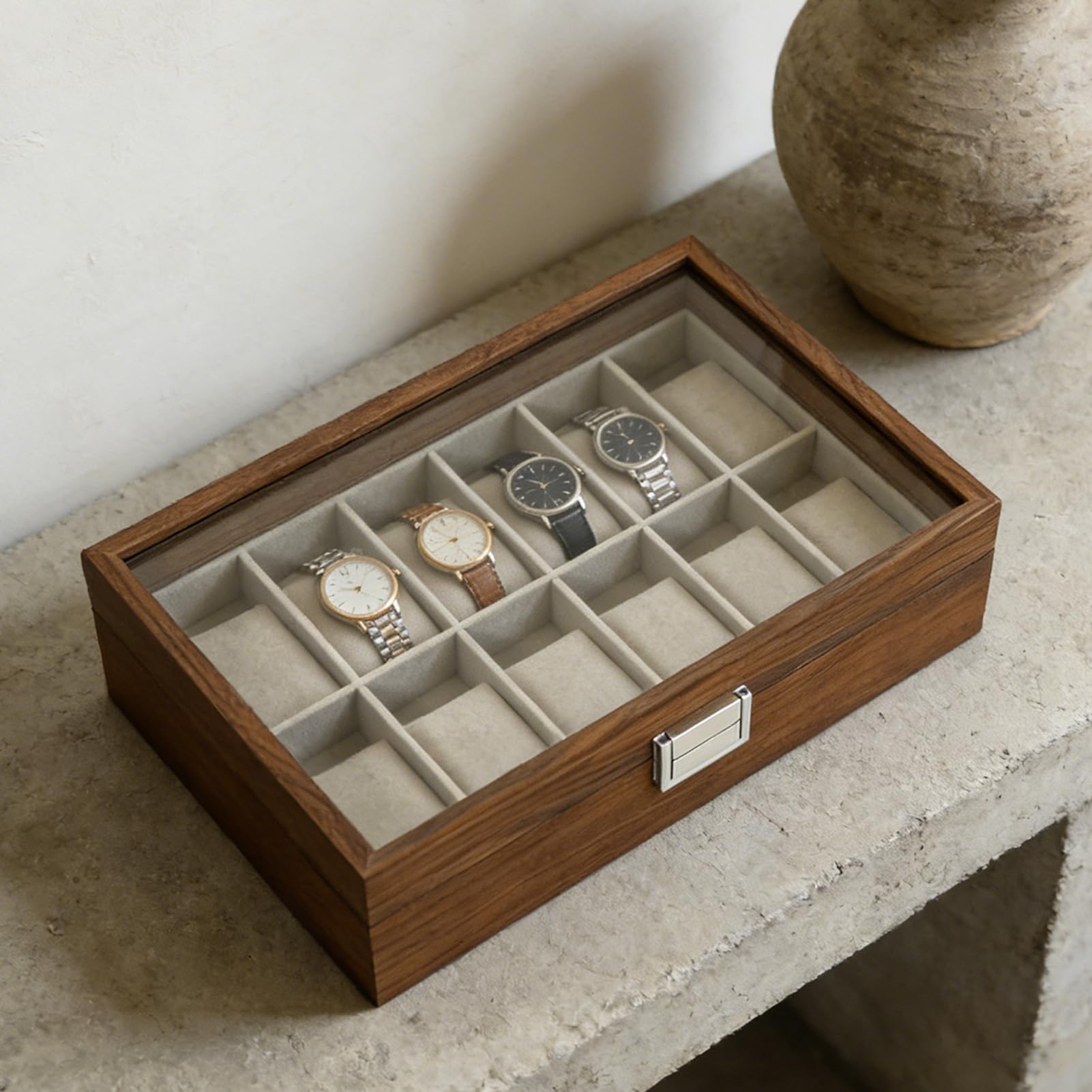 Buachois Watch Box Case, Estuche organizador de relojes de cuero con tapa de vidrio para colección