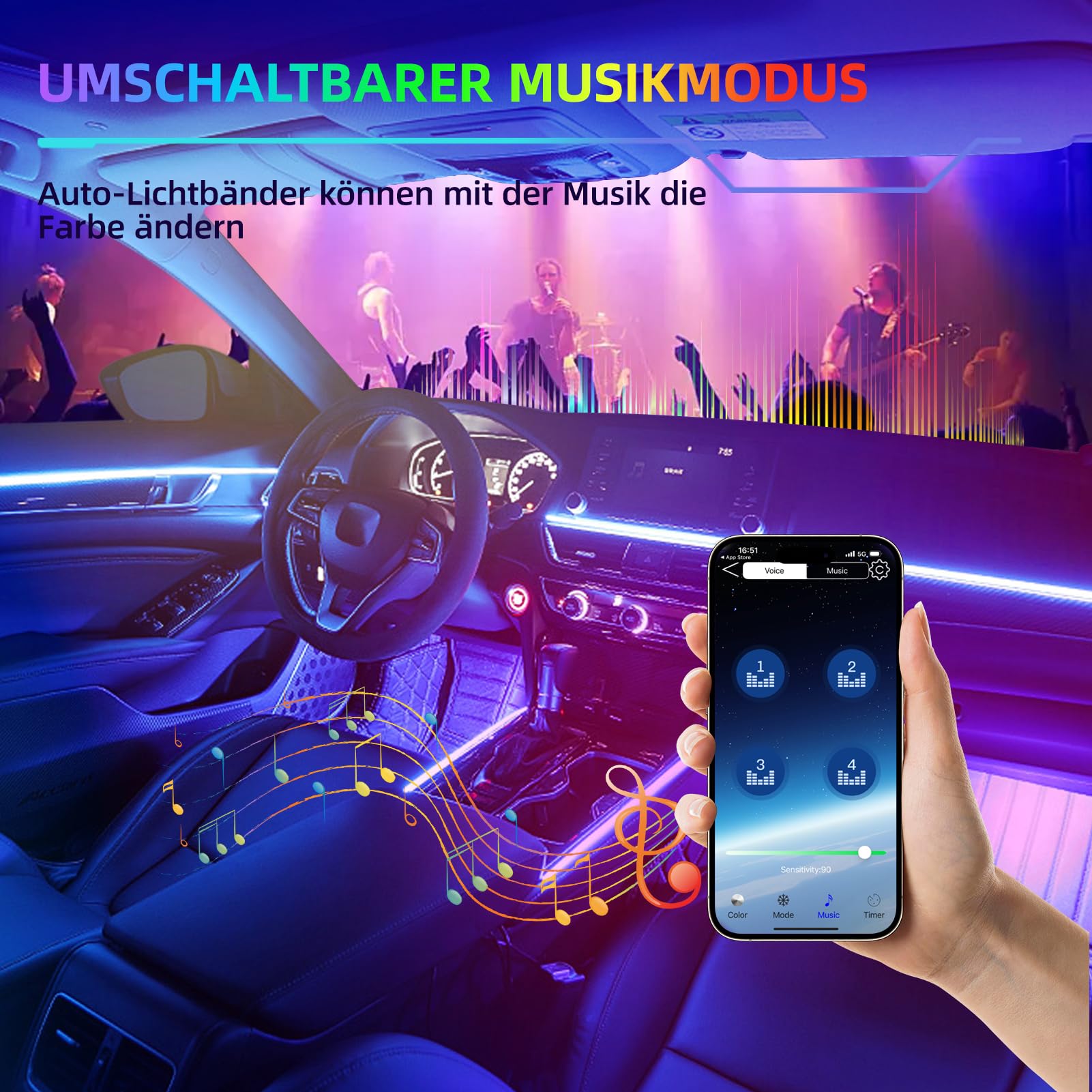 Illuminazione Interna a LED per Auto,6 in 1 RGB Illuminazione Interna per Auto, LED Illuminazione Ambientale,210 Modalità di lampeggiamento,Controllo Tramite APP,Atmosfera Decorativa Universale