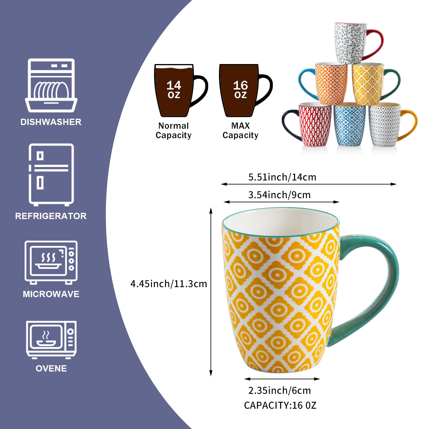Keramik Kaffeebecher Set - 470 ml große Porzellan-Teebecher mit Griff für Frauen Männer Kakao Latte Cappuccino - Weihnachten Housewarming Geschenk - Set von 6 - Bunt