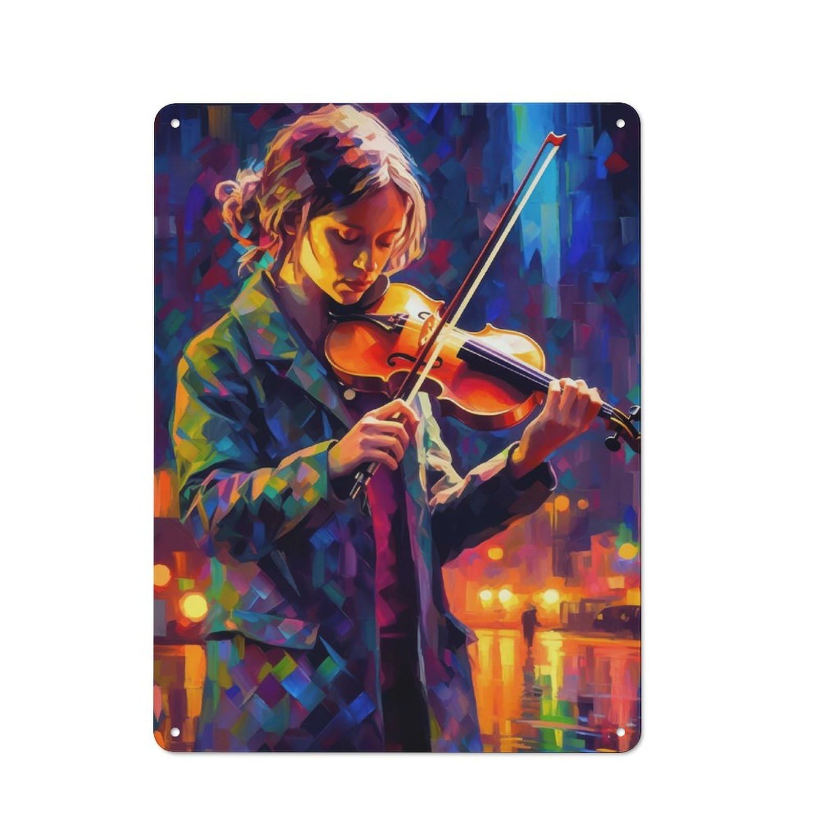 Junmoney Violinist In The City Metal Sign 40X30cm With For Pub Or Café, Retro Decor, For Cooler-Month Interiors With Retro Character