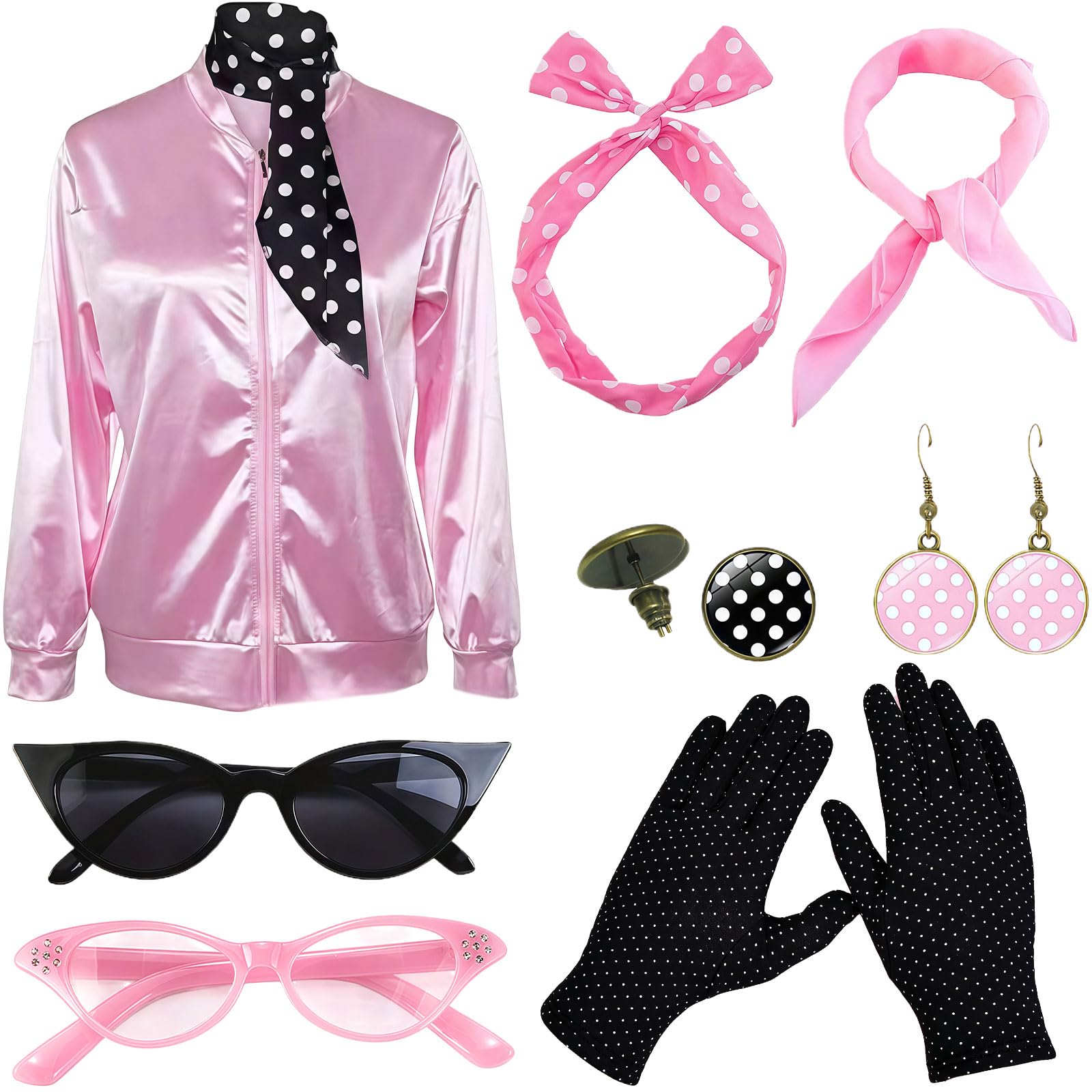 MUNSKT Pink Lady Jacket,Women Fancy Dress Costumes,1950S Costume Outfits,50s Pink Ladies Jacket with Accessories Halloween Cosplay Costume (M)