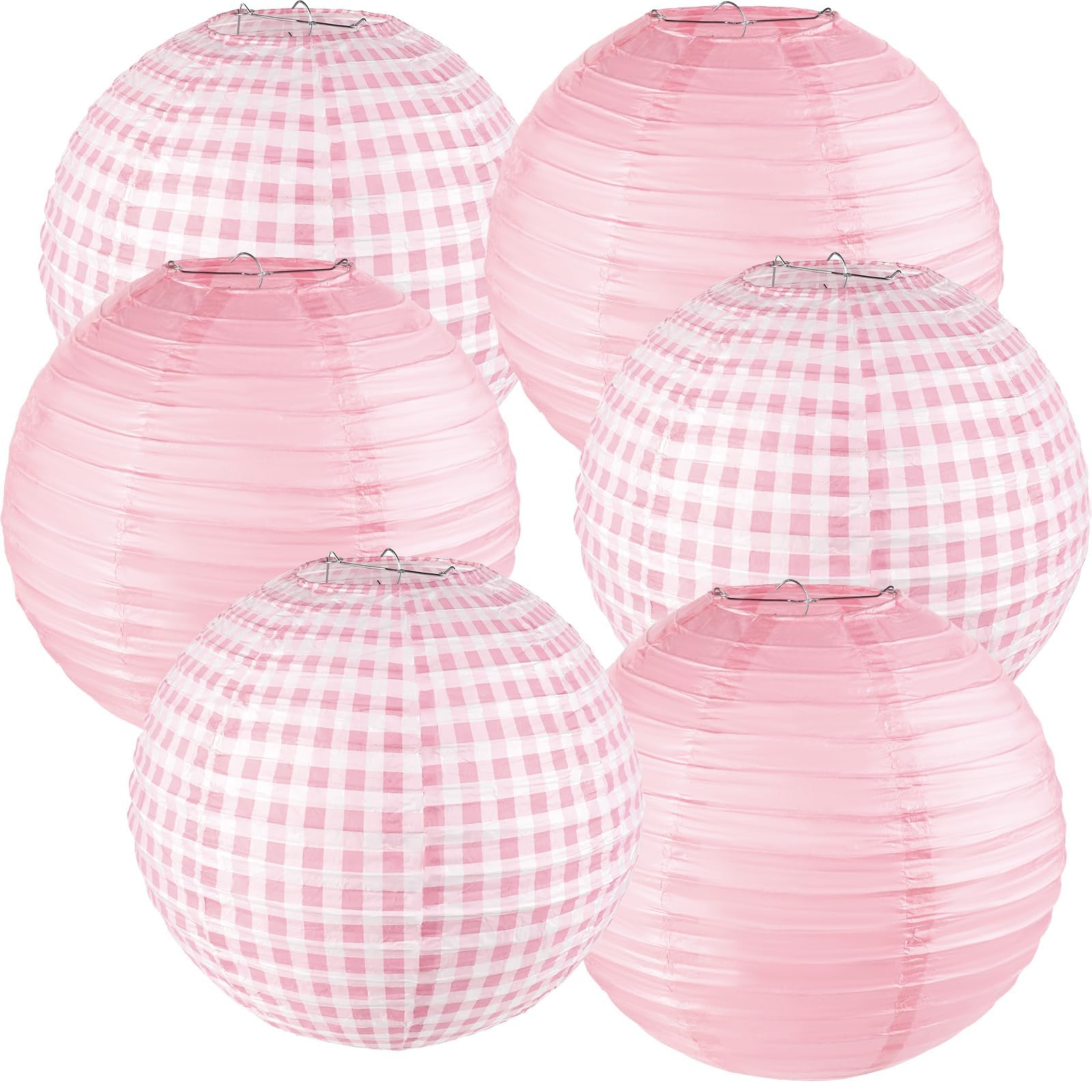 6PCS Pink Gingham Party Decoration Pink Paper Lanterns Pink and White Checkered Plaid Hanging Lanterns for Wedding Birthday Party Valentine's Day Engagement Picnic Baby Showers Supplies(12Inch)