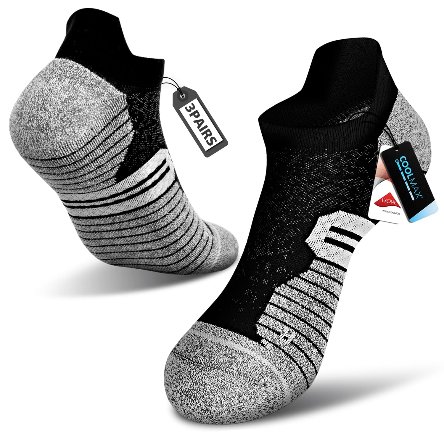 3 Pairs Ankle Compression Socks For Women Men Cushioned Running Trainer Socks Plantar Fasciitis Neuropathy Socks (US, Alpha, Large, Regular, Regular, BlackGrey)