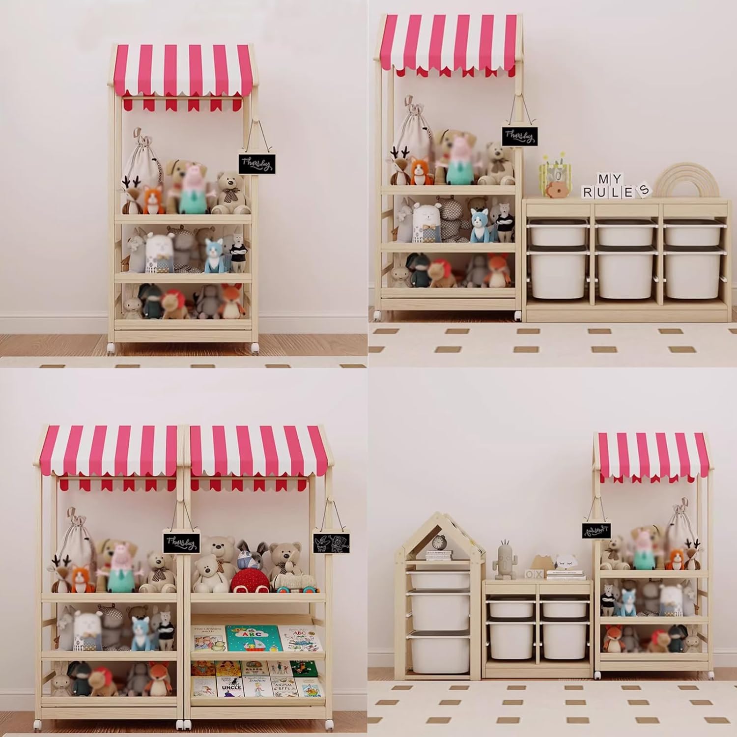 3 Tier Wood Storage Rack with Lockable Casters for Easy Movement for Living Room Bed Room Wooden Storage Shelf Bookshelf Coat Rack for Books Toys Clothes, a Rod (Red & White roof)