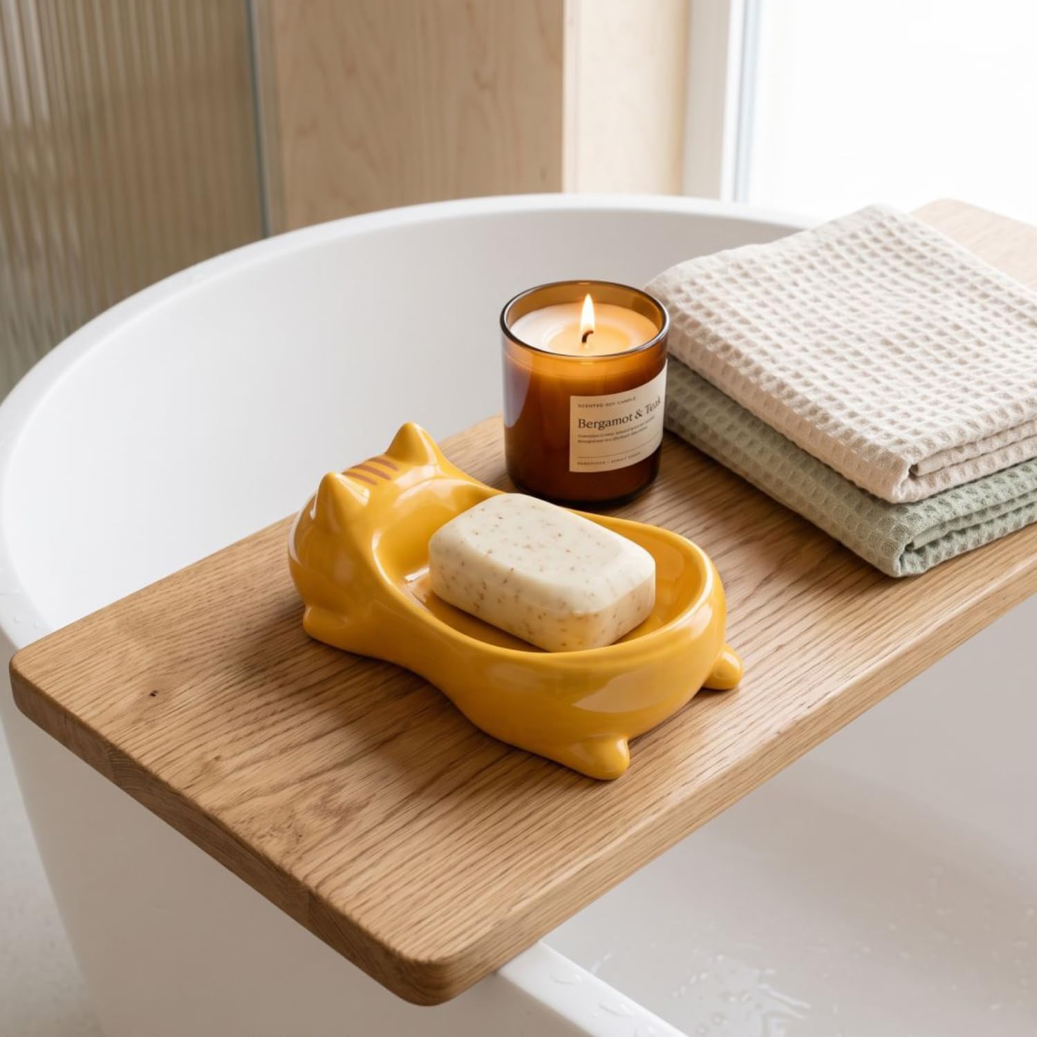 Cute Cat Decorative Soap Dish, Self-Draining Soap Holder Tray for Bathroom Shower, Kitchen Sink & Bathtub (Orange Cat) image 2